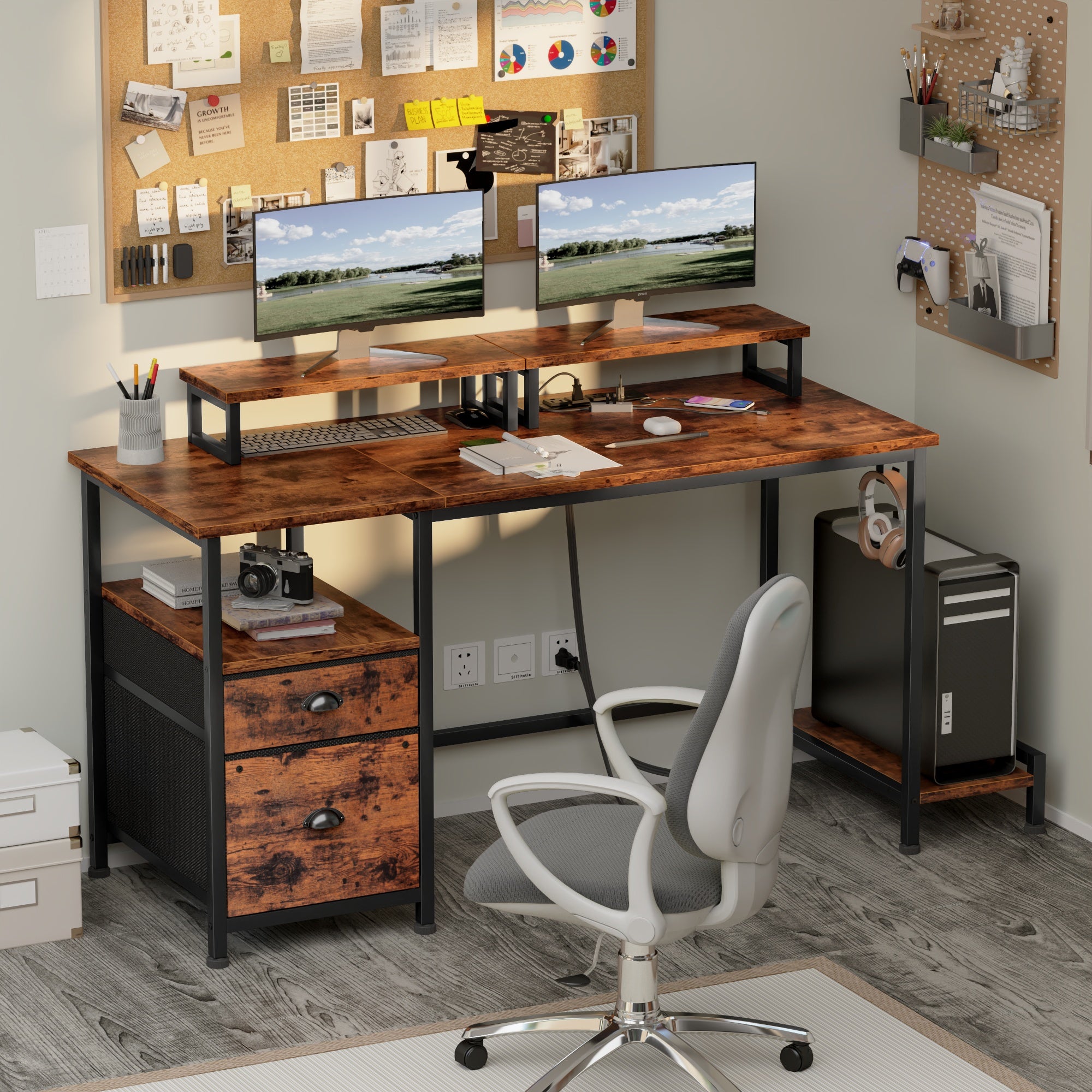 Furnulem 47" Computer Desk with File Cabinet and Power Outlets, Home Office Desk with 2 Monitor Stands and Storage Drawer