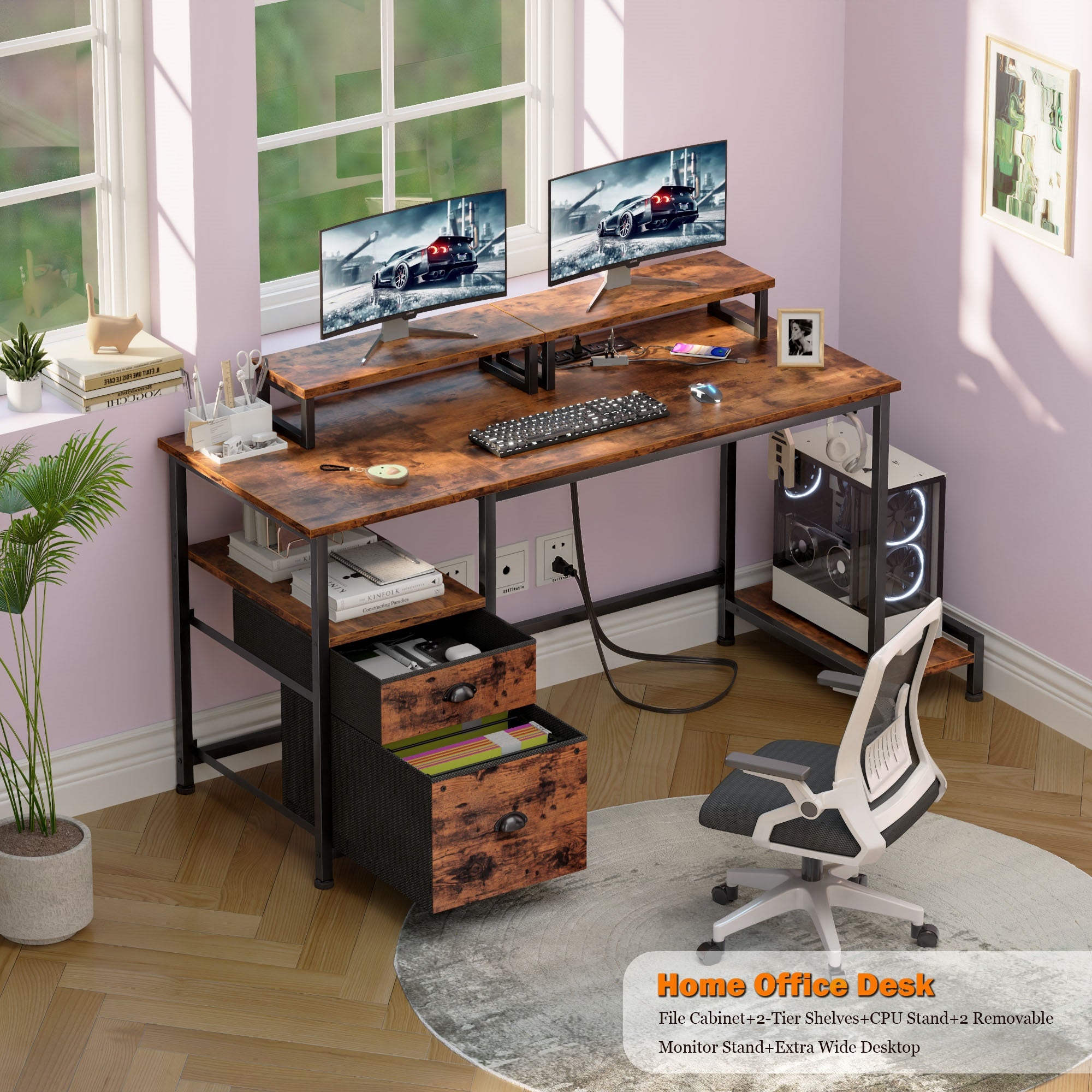 Furnulem 47" Computer Desk with File Cabinet and Power Outlets, Home Office Desk with 2 Monitor Stands and Storage Drawer
