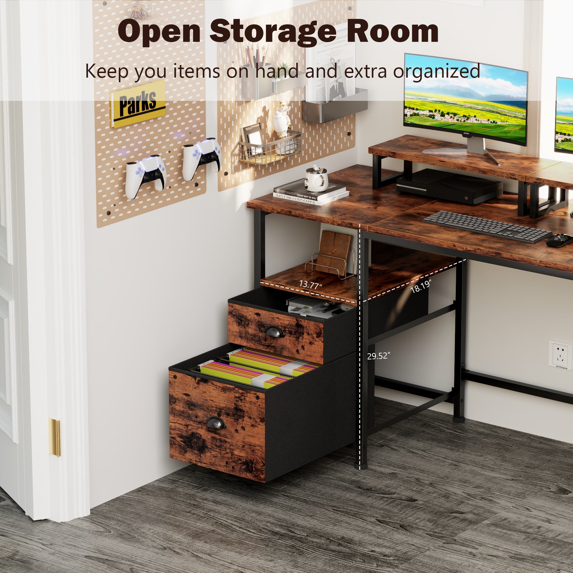 Furnulem 47" Computer Desk with File Cabinet and Power Outlets, Home Office Desk with 2 Monitor Stands and Storage Drawer
