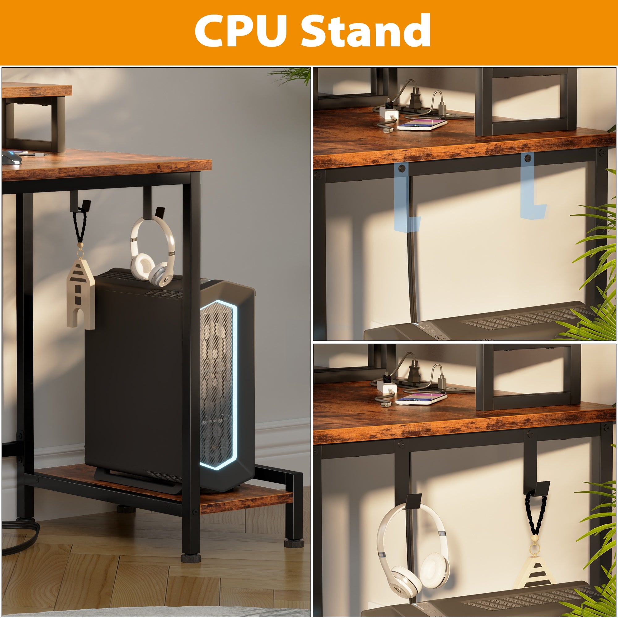 Furnulem 47" Computer Desk with File Cabinet and Power Outlets, Home Office Desk with 2 Monitor Stands and Storage Drawer