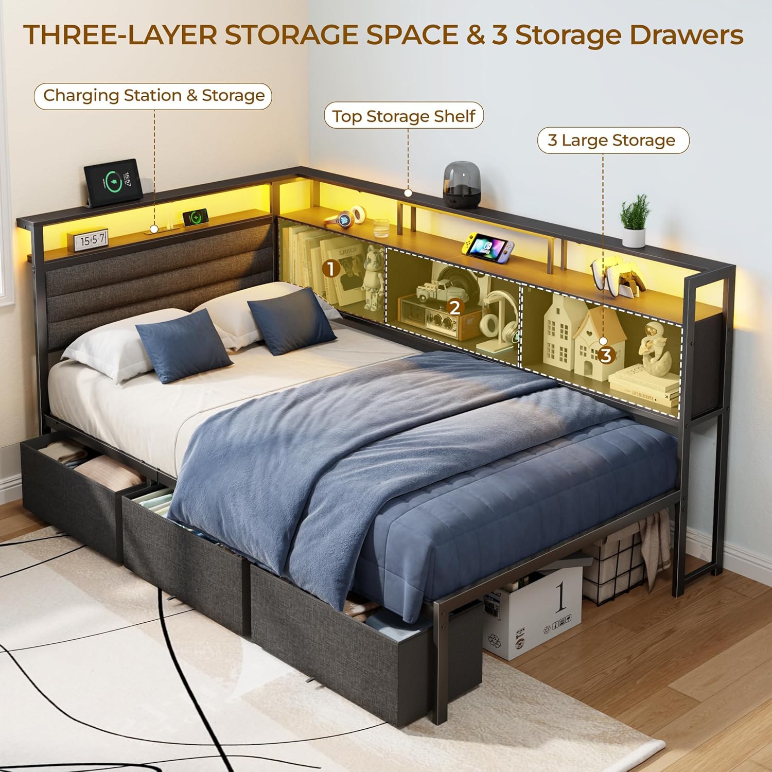 Corner Bed Frame with Storage Bookcase and LED Lights, Twin Size Bed Frames with Upholstered Headboard and Charging Station bed with 3 Storage Drawers