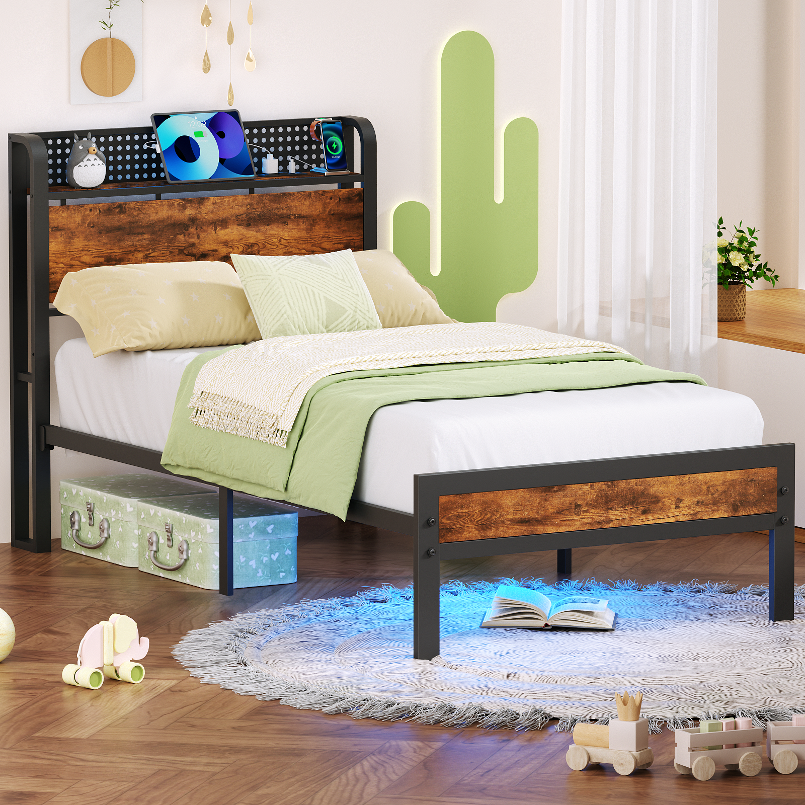 Twin Size Platform Bed Frame Storage Headboard LED Lights Charging Station Industrial Metal Wood Heavy Duty No Box Spring Needed Kids Dorm USB