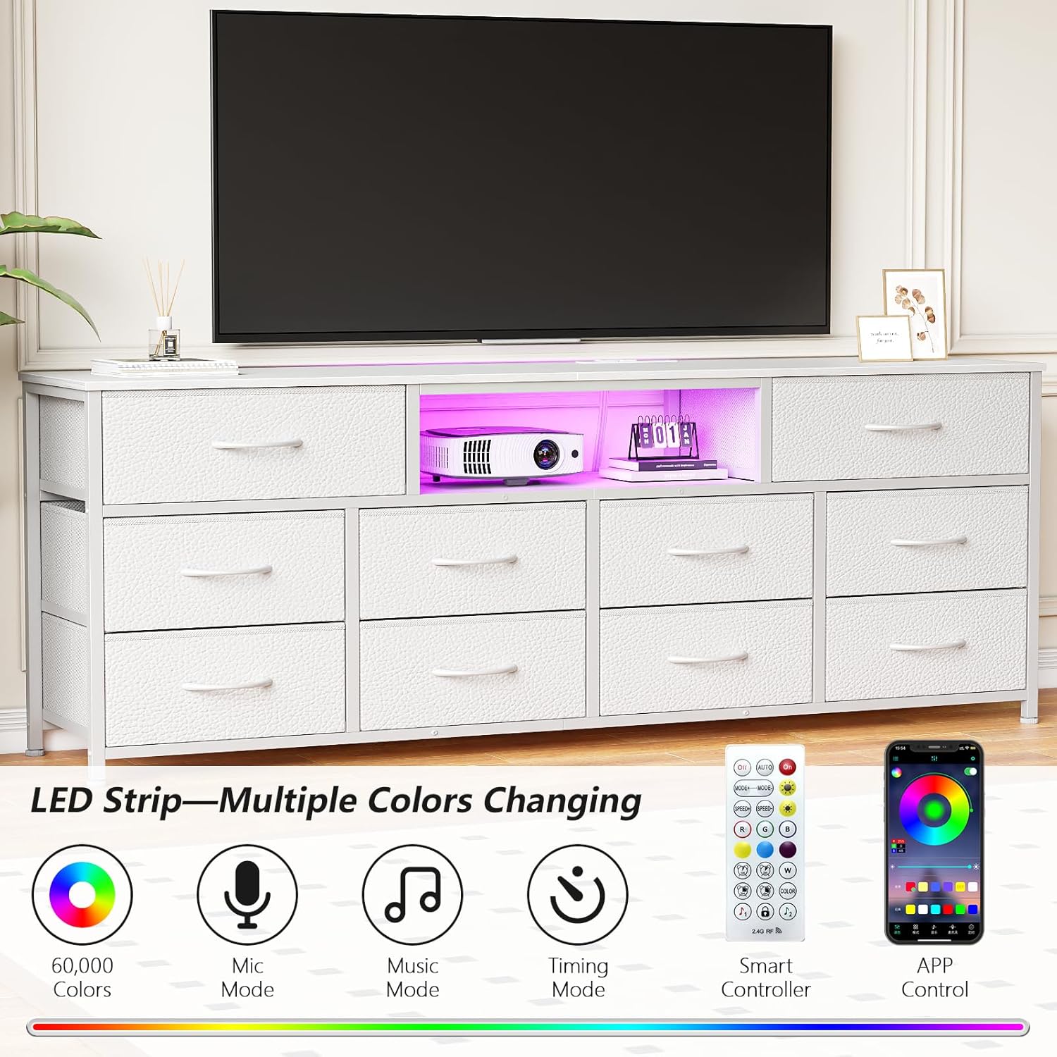 Furnulem 63” long bedroom dressing table suitable for 65 to 75 inch TV dressing table with 10 fabric drawers includes power outlet and LED lighting