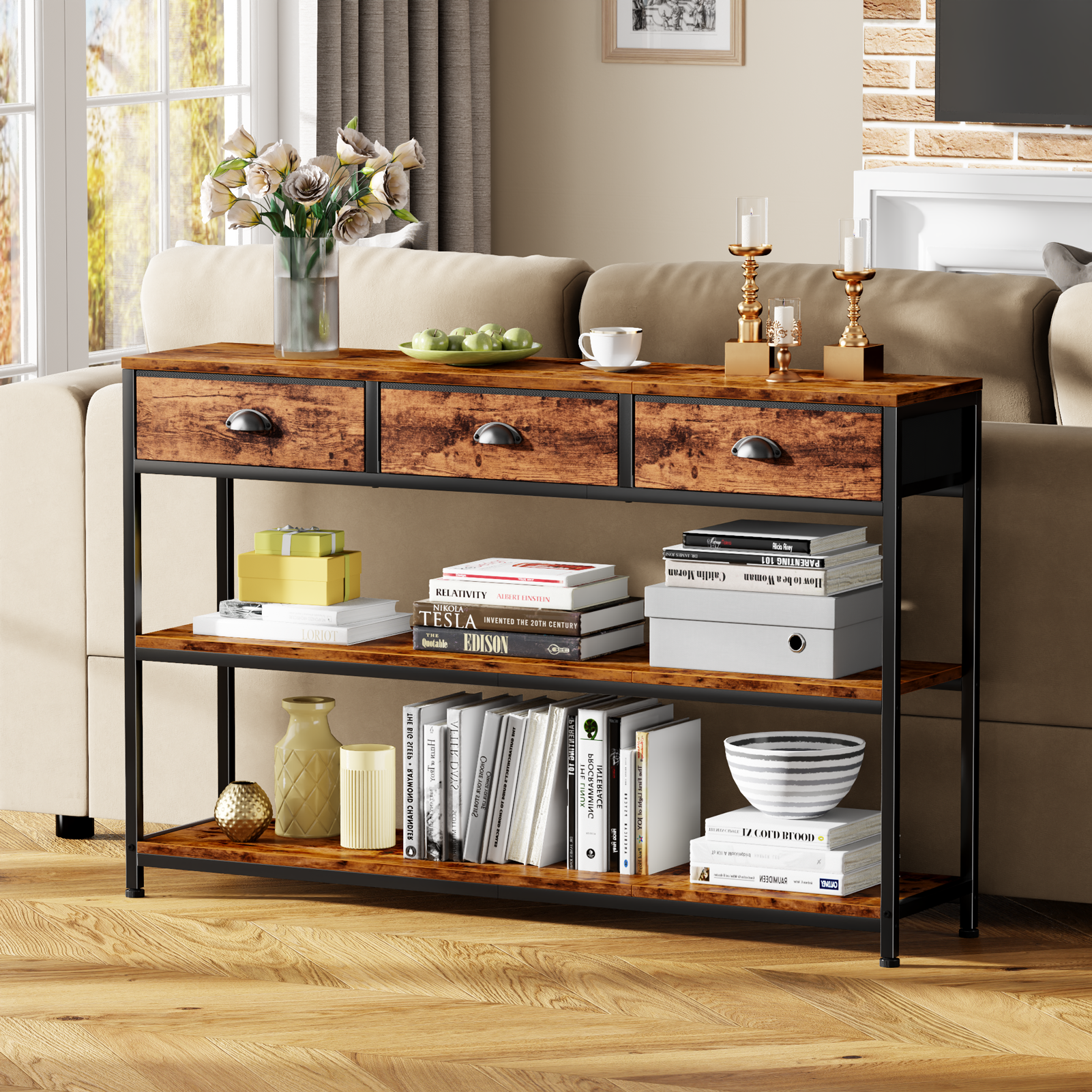 47in Wooden Rustic Brown Industrial Console Sofa Table With 3 Storage Drawers 3 Tier Display Shelves Behind Couch Entryway Living Room Foyer Hallway