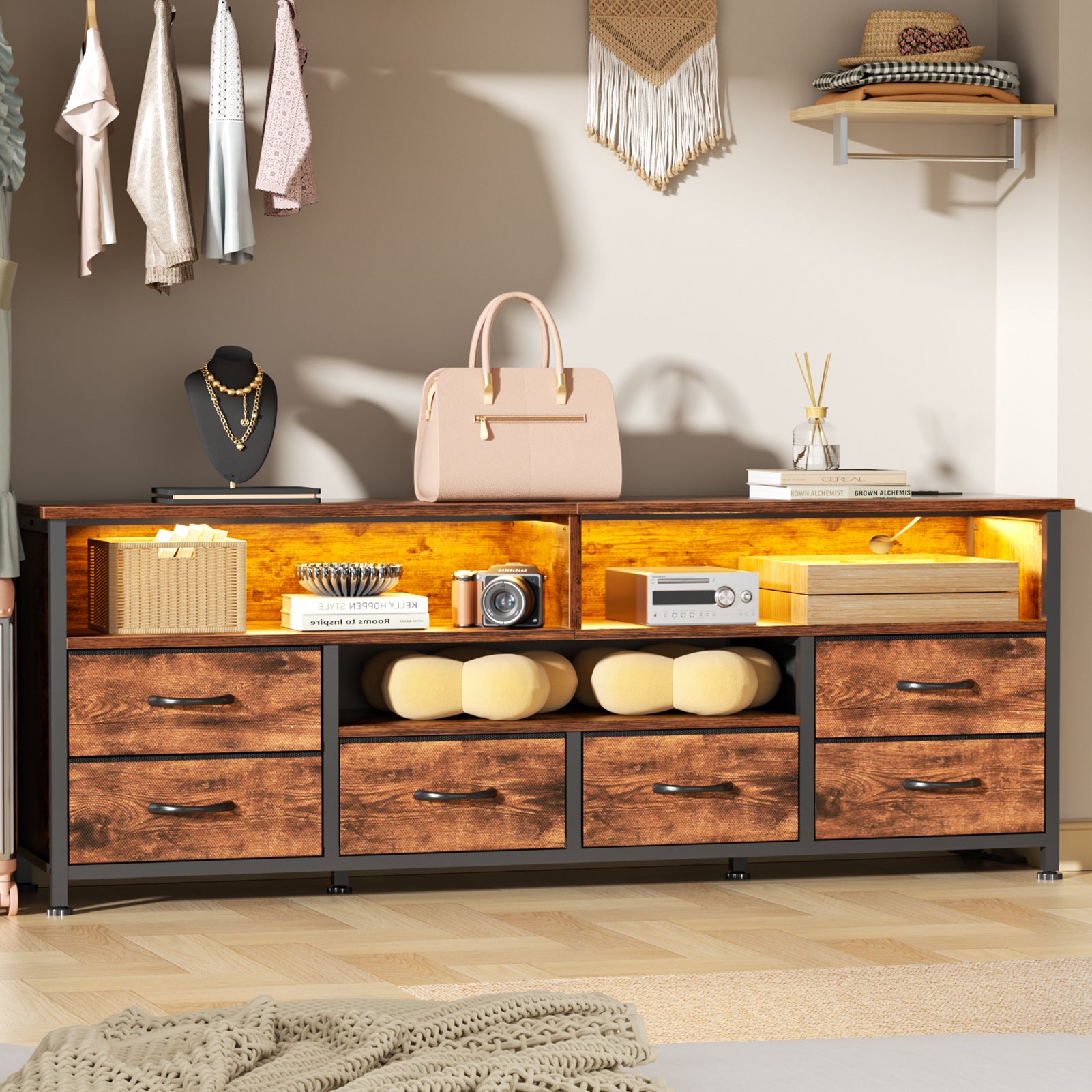 Qwatto 63 Inch Brown TV Stand Dresser with Charging Station LED Lights 6 Drawers Entertainment Center for TVs up to 70 Inch Media Console Living Room
