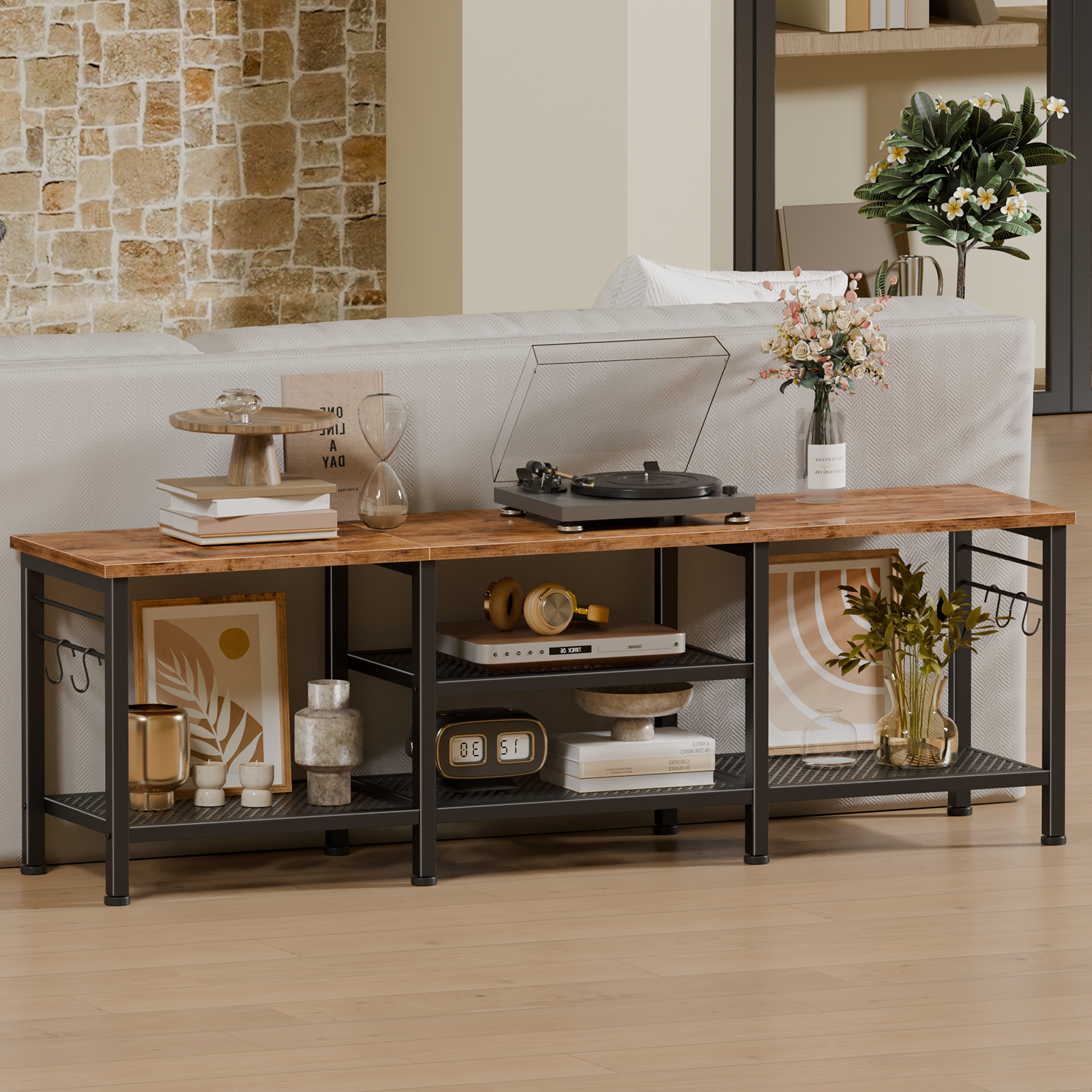 Qwatto Brown TV Stand for TVs up to 65 Inch Entertainment Center Media Console Table with Open Storage Shelves Soundbar Shelf Living Room Decor