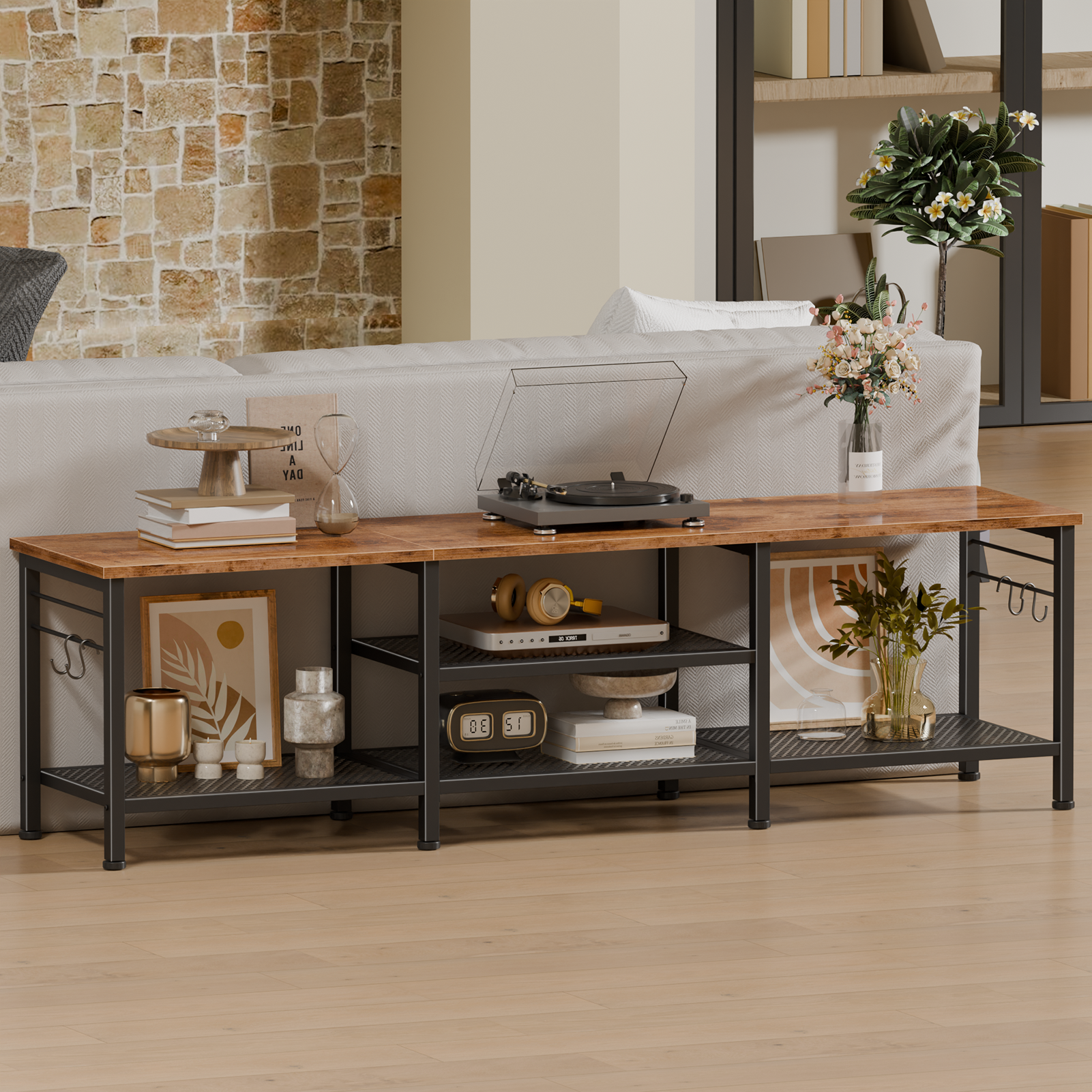 Qwatto 63 Inch Brown TV Stand for TVs up to 70 Inch Media Console Entertainment Center with Soundbar Shelf Open Storage Shelves Living Room Decor