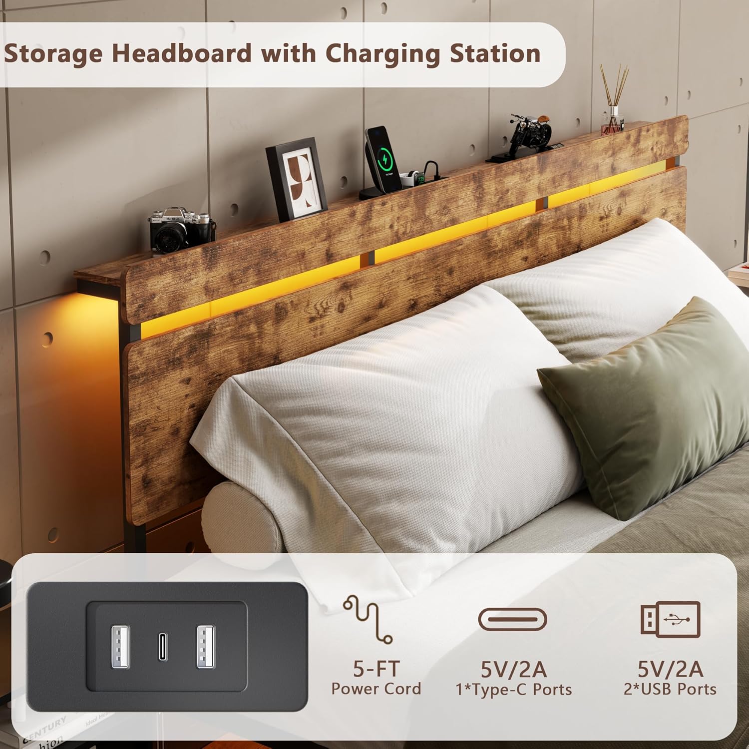 King Size Bed Frame with Wood Headboard, Metal Platform Bed with 3 Storage Drawers  Shelf Built-in Charging Station  LED Lights No Box Spring Needed