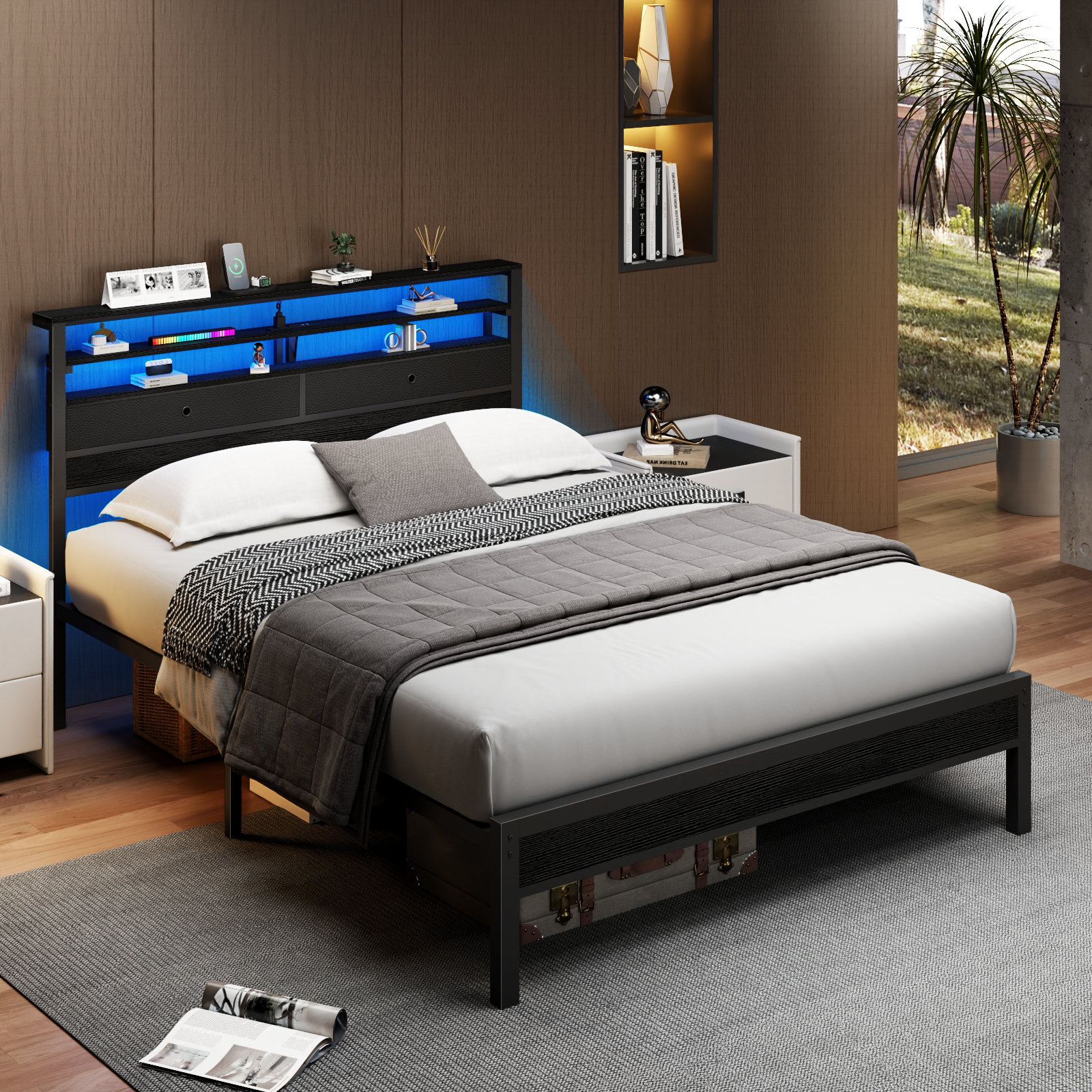 Furnulem Queen Bed Frame with Headboard  2 Fabric Drawers Bed Frame  Featuring LED Lights Built-in Charging Station  Storage  No Box Spring Needed