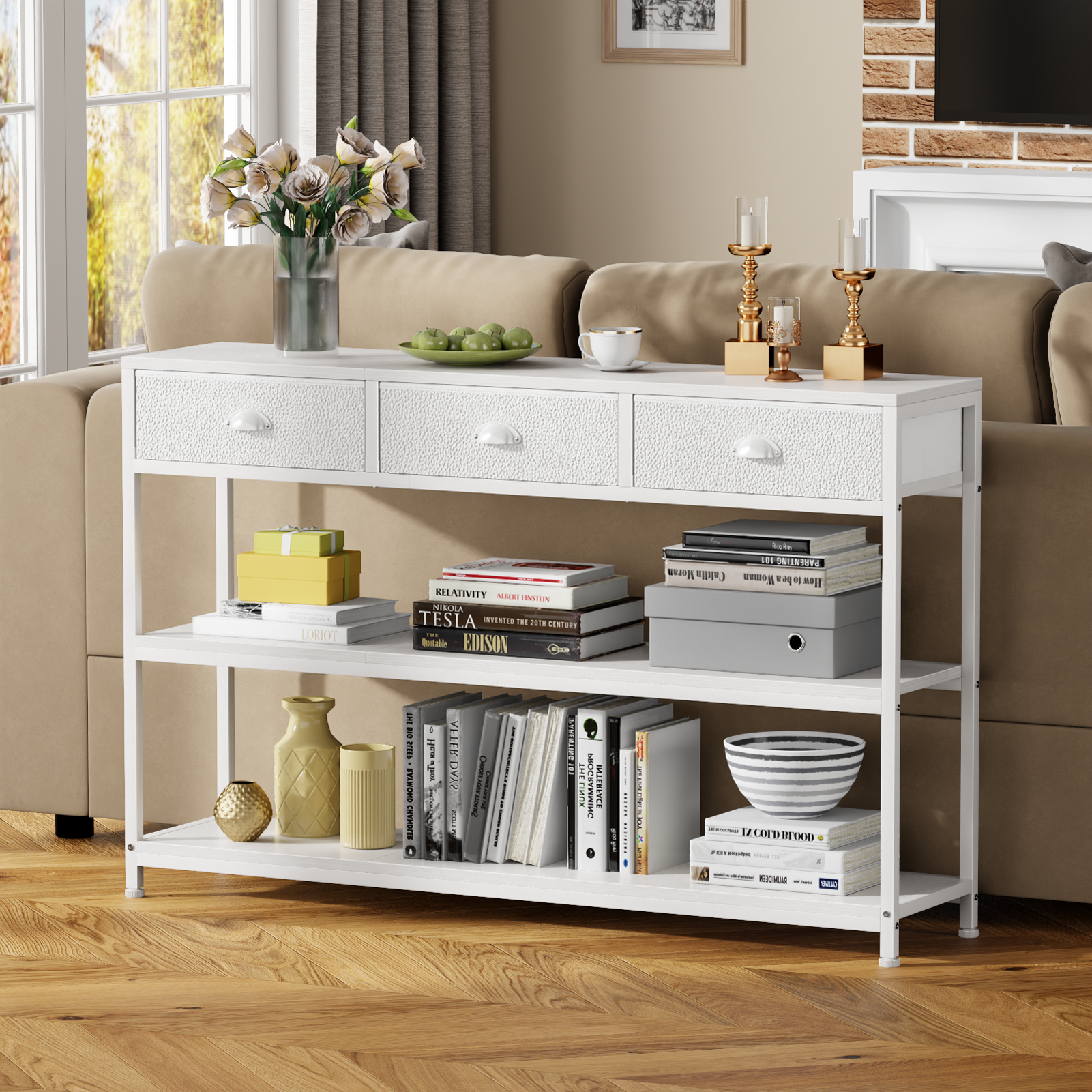 Qwatto Long 47 Inch White Entryway Table 3 Storage Drawers Three Tier Industrial Display Shelves Console Sofa Accent Table For Hallway Kitchen Foyer