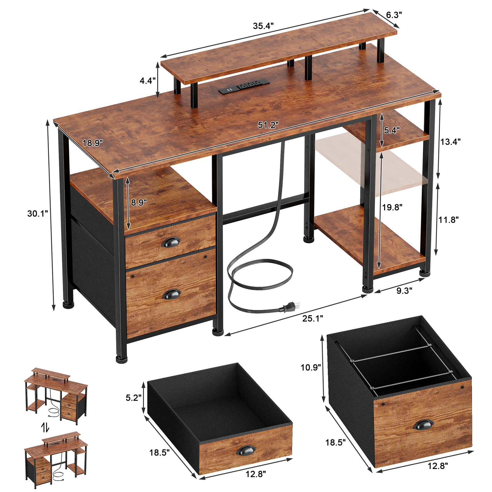 Brown 51 Inches Reversible Home Office Computer Desk with File Cabinet Monitor Stand Storage Shelves Power Outlets LED Gaming Study Workstation Table