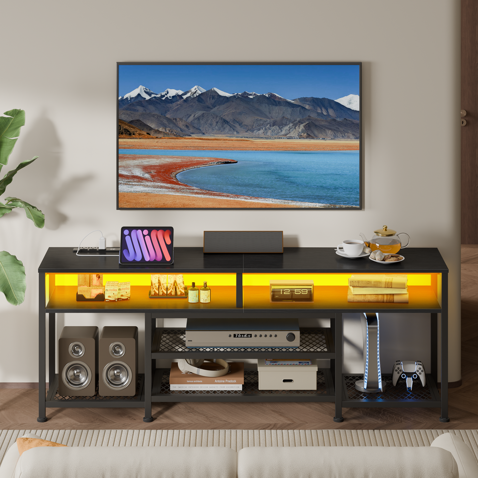Qwatto 63 Inch Black TV Stand with Charging Station LED Lights Entertainment Center for TVs up to 70 Inch Media Console Storage Shelves Living Room