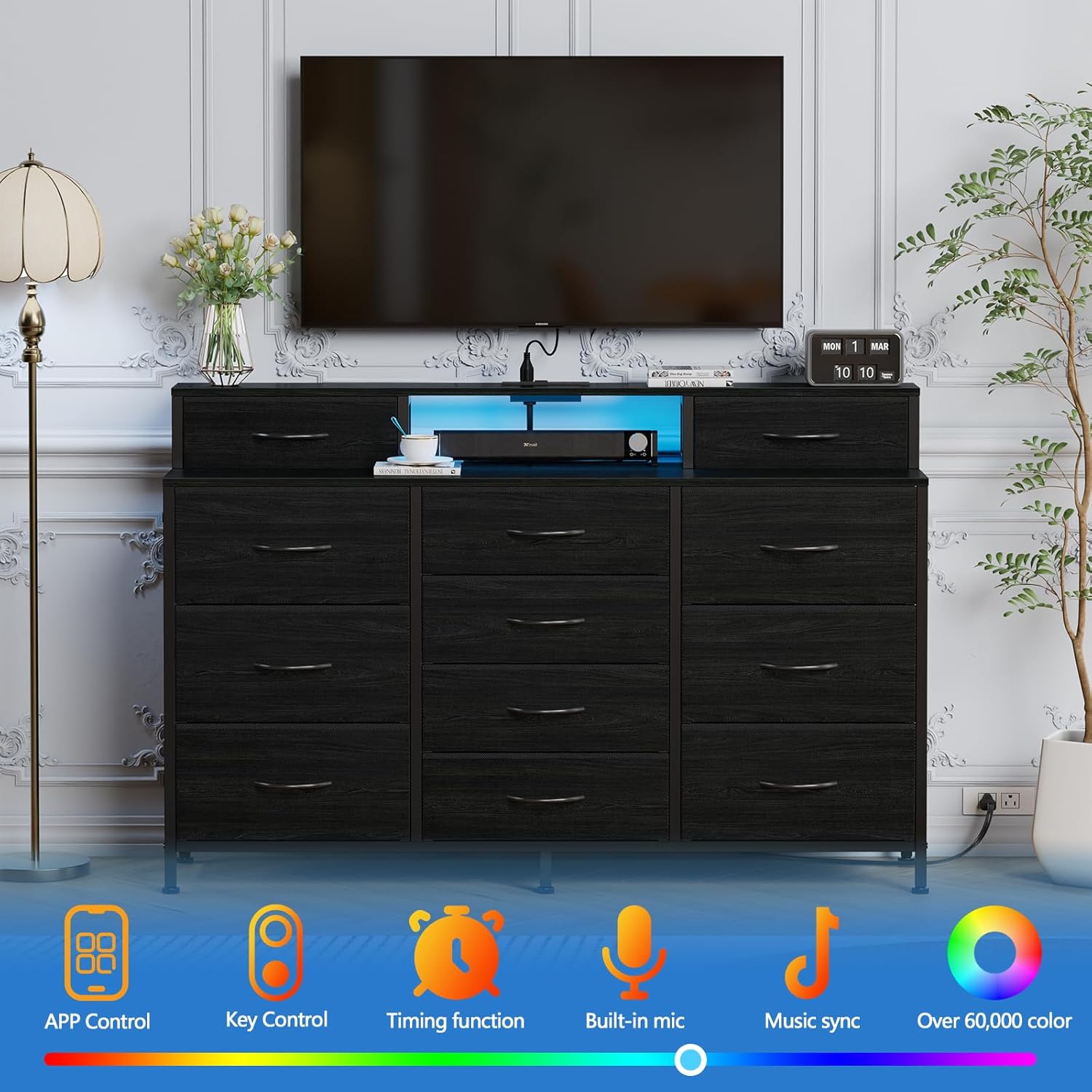 Furnulem 55" W Dresser for Bedroom with LED Lights and Power Outlets Black Large 12 Storage Drawers Long Fabric Chests Dressers with 2 Shelves