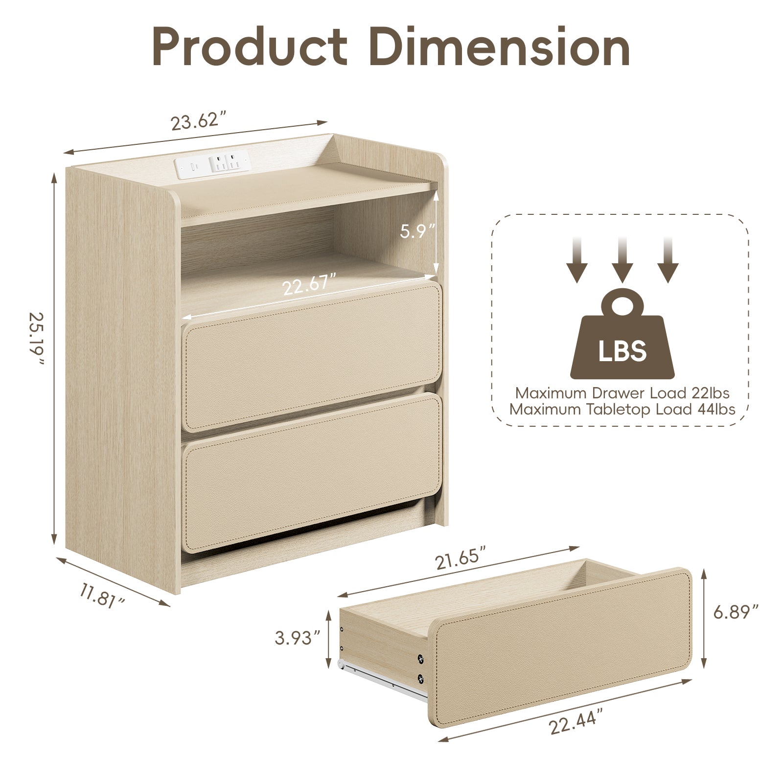 Qwatto Nightstand with Charging Station 2 Drawer Saddle Leather Bedside Table Modern Wood Side End Table Storage Cabinet Bedroom Furniture Beechwood