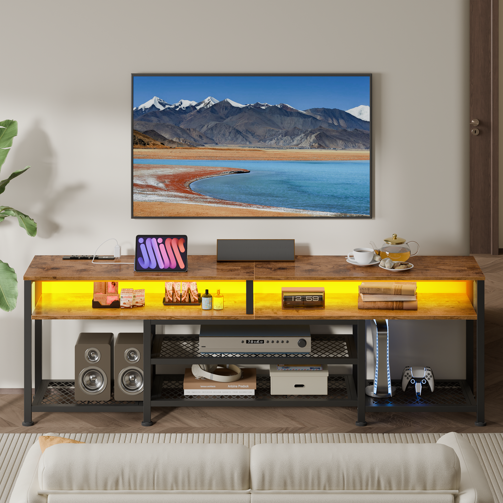 71 Inch Brown TV Stand with Charging Station LED Lights Entertainment Center for TVs up to 80 Inch Media Console Storage Modern Living Room Bedroom