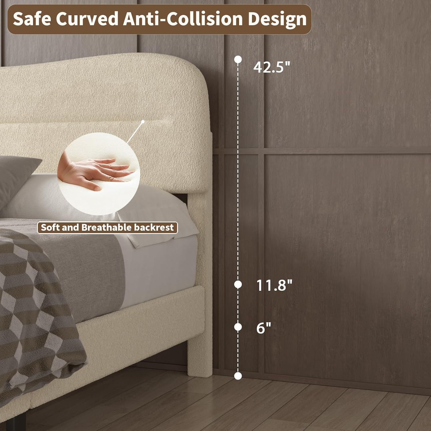 Queen Size Bed Frames with Headboard Upholstered Bed Frame Teddy Soft Boucle Fabric bedframes Soft Cloud Marshmallow Shape Upholstered Headboard