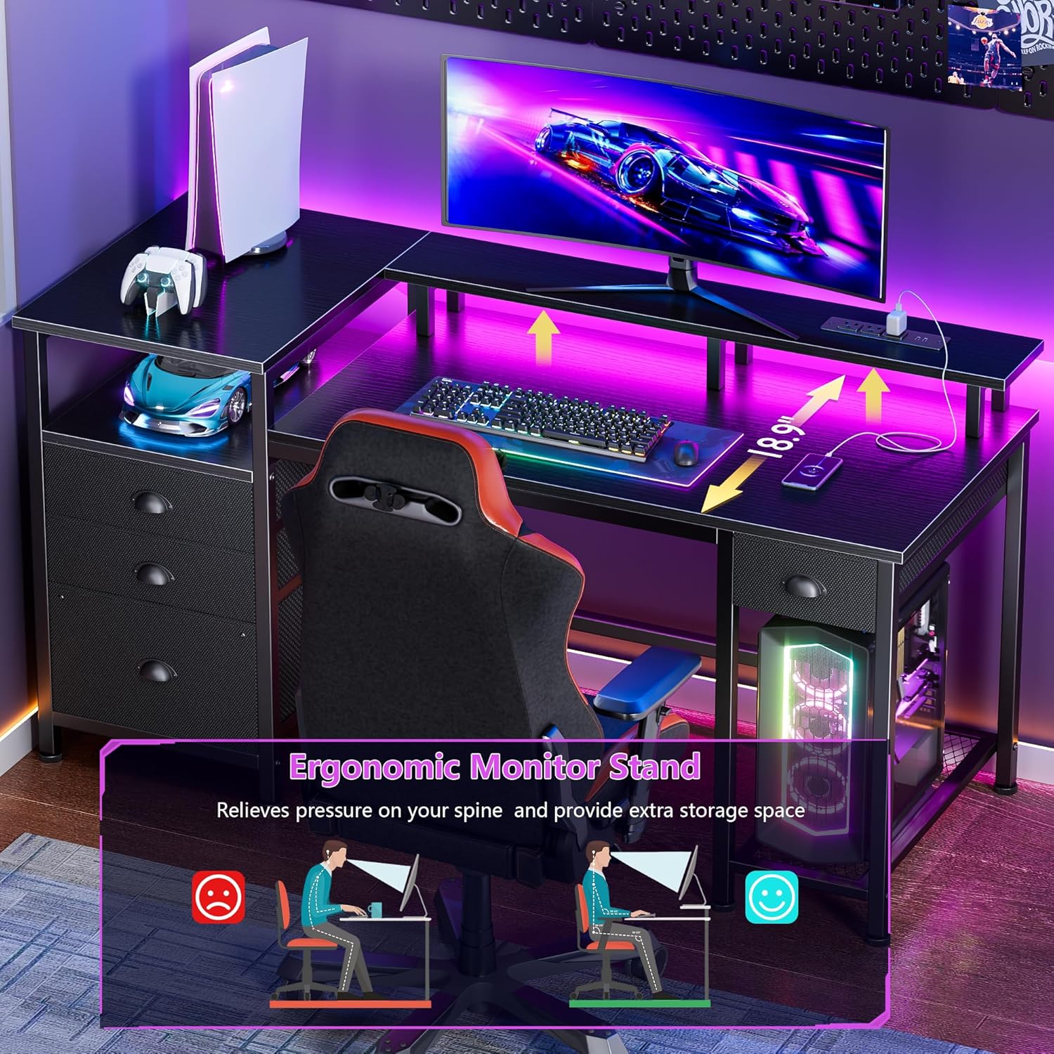 Qwatto 52in Gaming Desk Charging Station and Light Reversible Computer Desk 4 Drawers File Cabinet Printer Storage Shelves Monitor Stand Black Finish