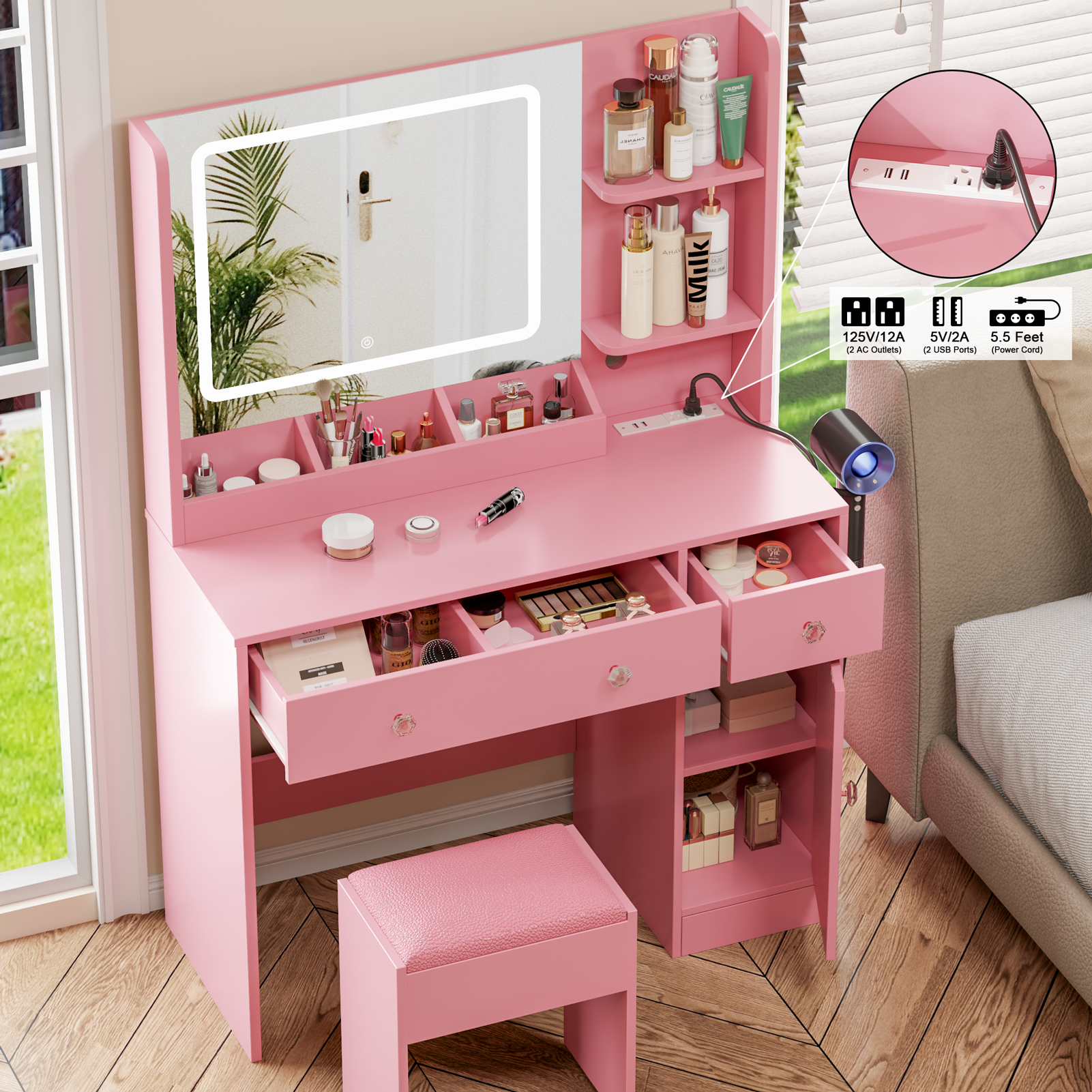 Pink Vanity Desk with Mirror and Lights Makeup Vanity Set with Stool and Power Outlet Dressing Table with Drawers Storage Shelves Lighted Mirror Desk
