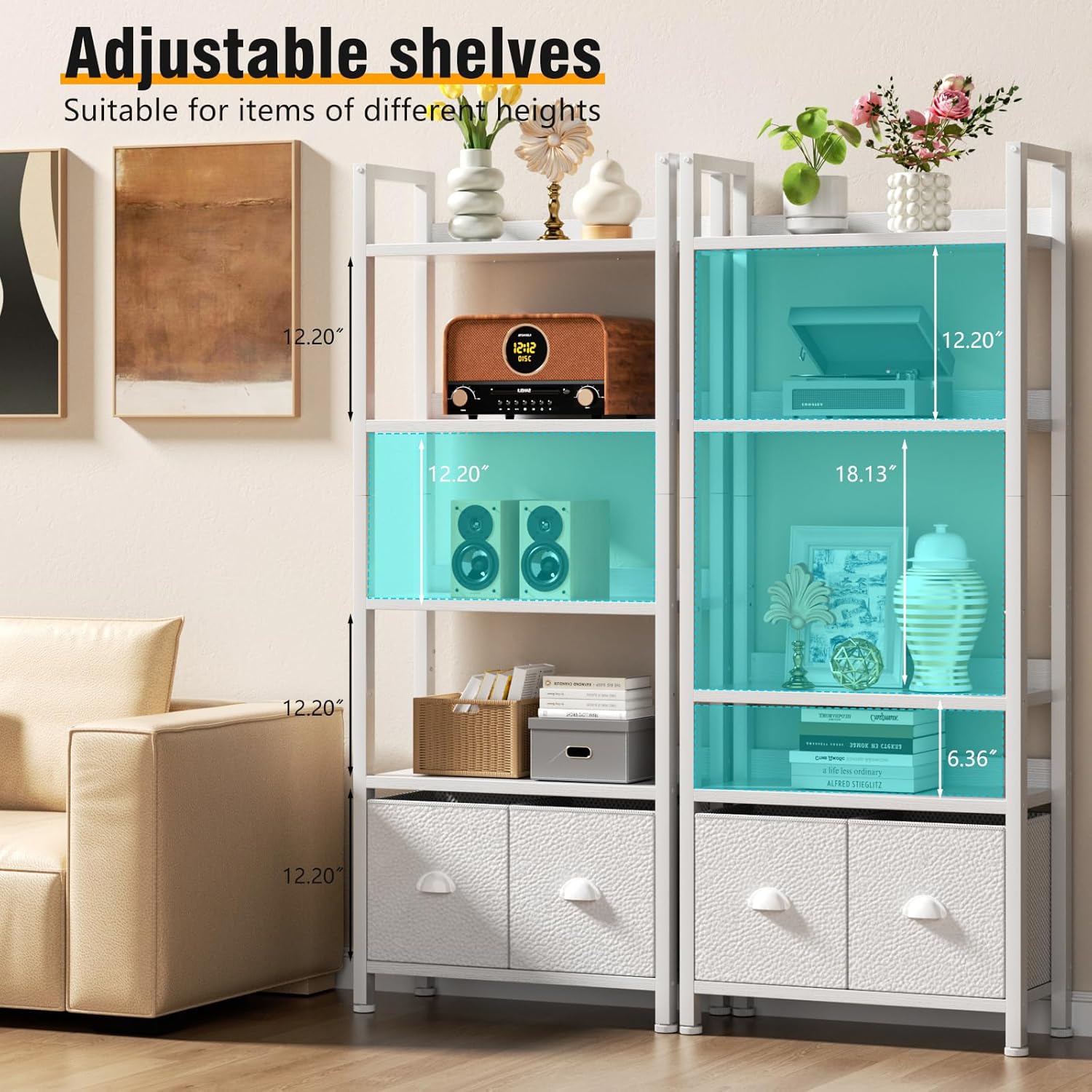 Qwatto 5 Tier Bookshelf with Drawers White Tall Wood and Metal Bookcases Modern Industrial Storage Organizers Display Shelving Unit Office Furniture