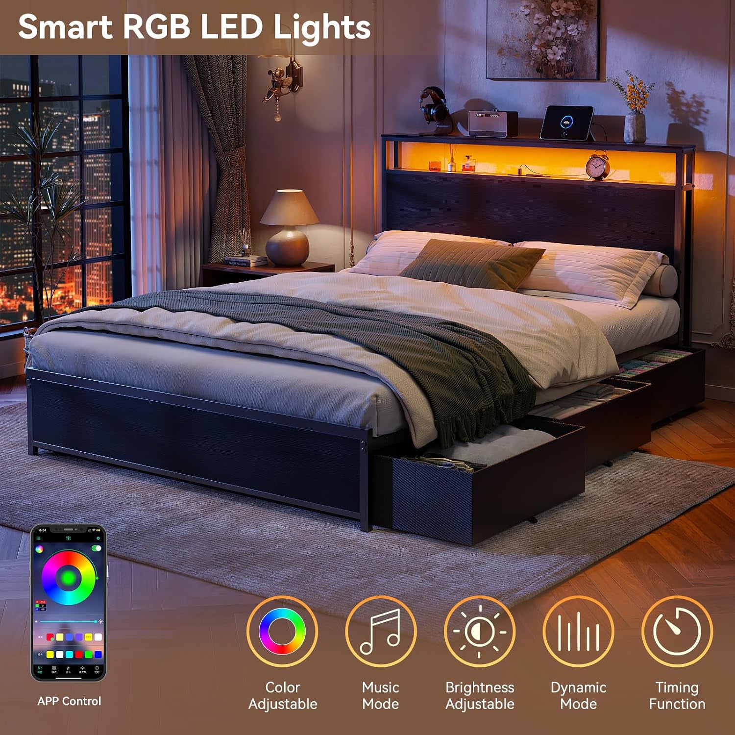 Qwatto Full Size Bed Frame 6 Drawers Storage Headboard LED Lights Charging Station Metal Platform Bedframe Black No Box Spring Needed Noise Free USB
