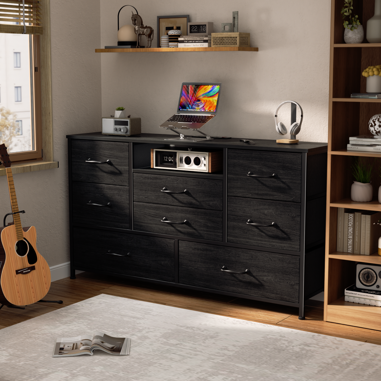 8 Drawer Dresser with Charging Station TV Stand for 50 Inch TV Fabric Storage Chest Open Shelves Black Metal Frame Bedroom Media Console