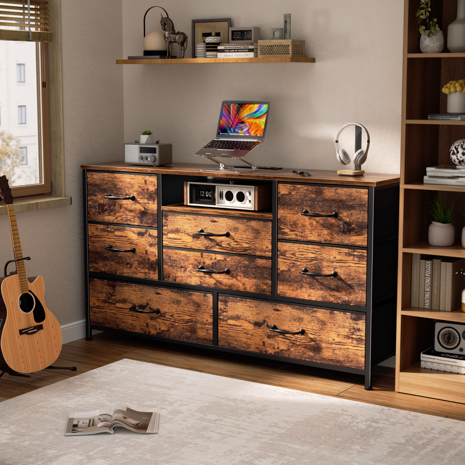 Wide Dresser with Power Outlets 8 Fabric Drawers Chest for Bedroom Closet Storage Organizer 50 Inch TV Stand Media Console Table with Shelves Brown