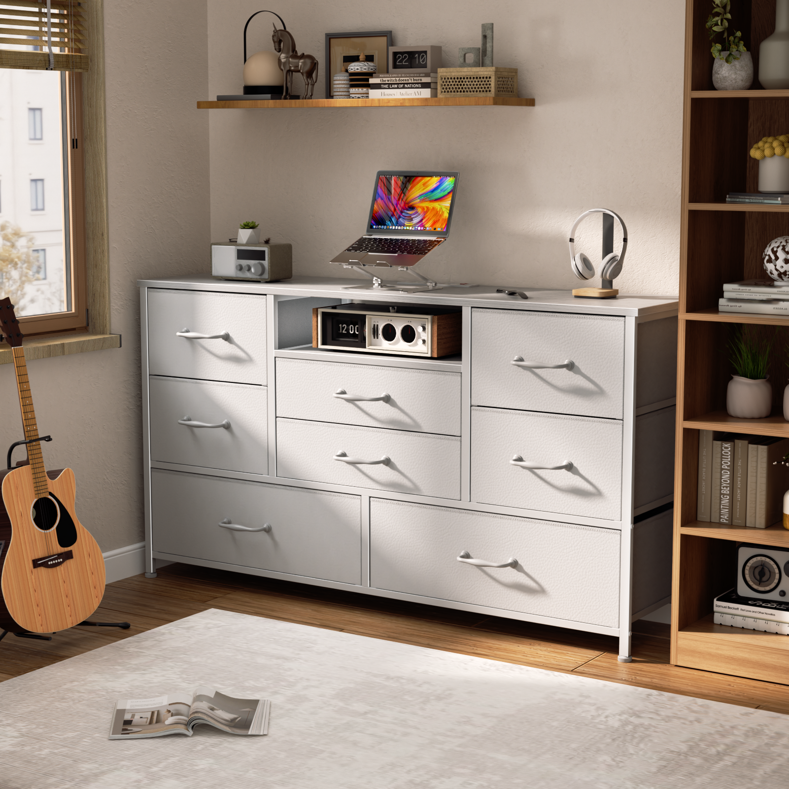 Bedroom Dresser with Charging Station Power Outlets 8 Fabric Drawers Chest for 50 Inch TV White Storage Organizer Tower Unit with Open Shelves