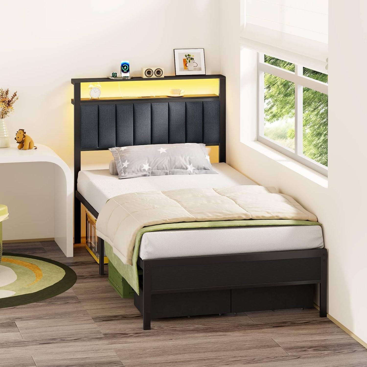 Furnulem Bed Frame with LED Lights, Charging Station & Storage