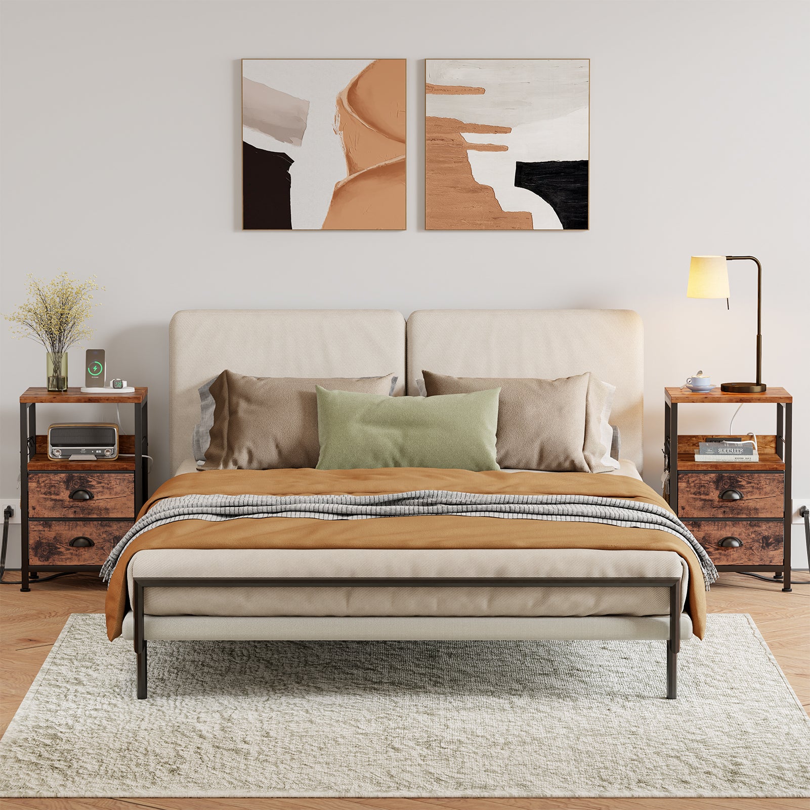 Qwatto Set of 2 Nightstands with Charging Station USB Ports Brown Bedside Side Tables with 2 Fabric Drawers Storage Shelf Hooks for Bedroom End Table