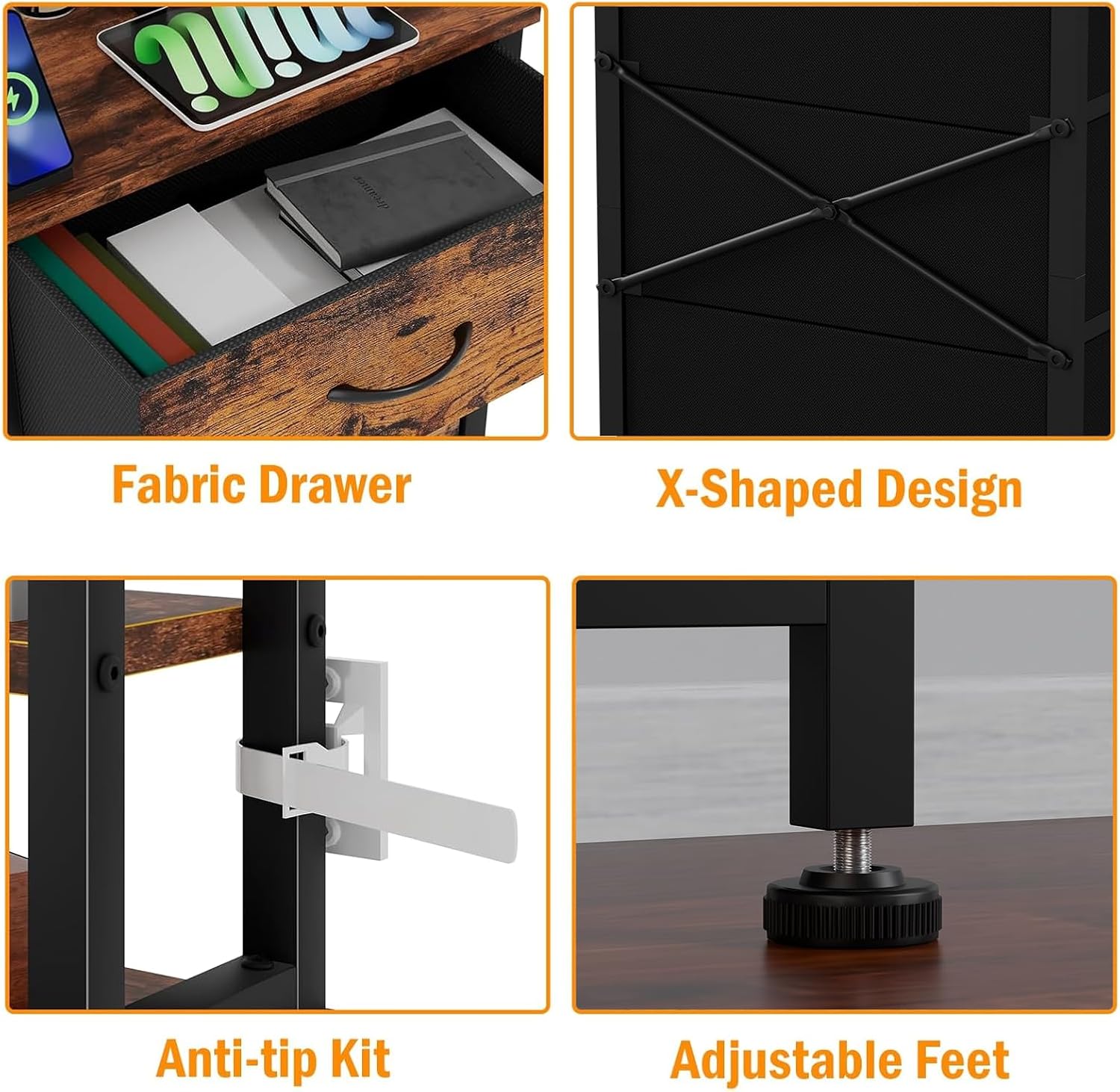 Qwatto 45.3in Tall Bedside Table with USB Charging Station and Light 3 Fabric Drawer Nightstand Bookshelf for Small Space Bedroom Dorm Brown Finish