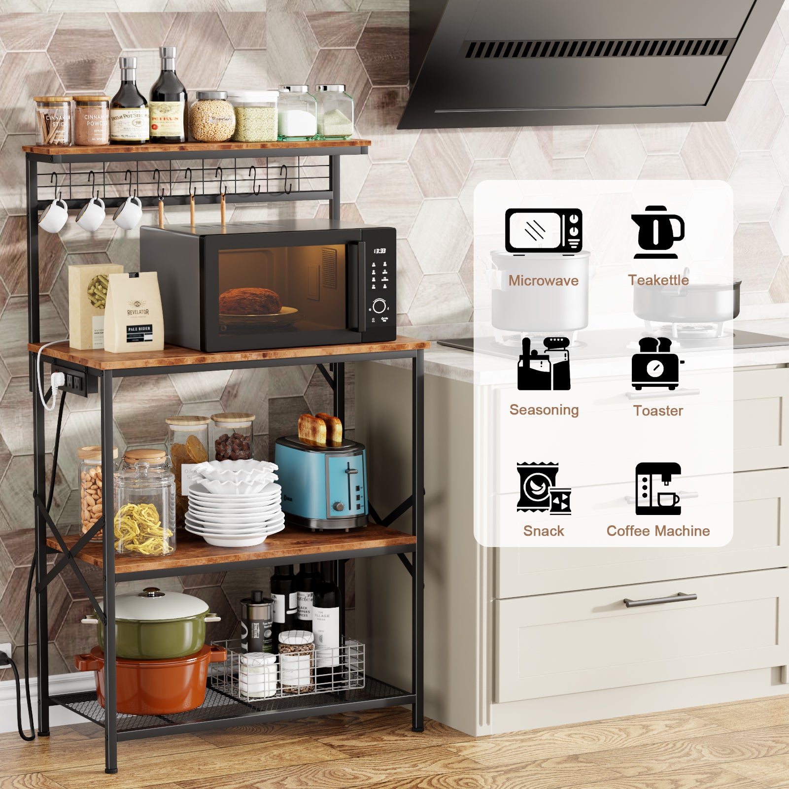 Qwatto Kitchen Bakers Rack with Power Outlets 31.5 -inch Coffee Bar Station 4 Tier Microwave Stand Storage Shelf with S Hooks Rustic Brown Utility Table