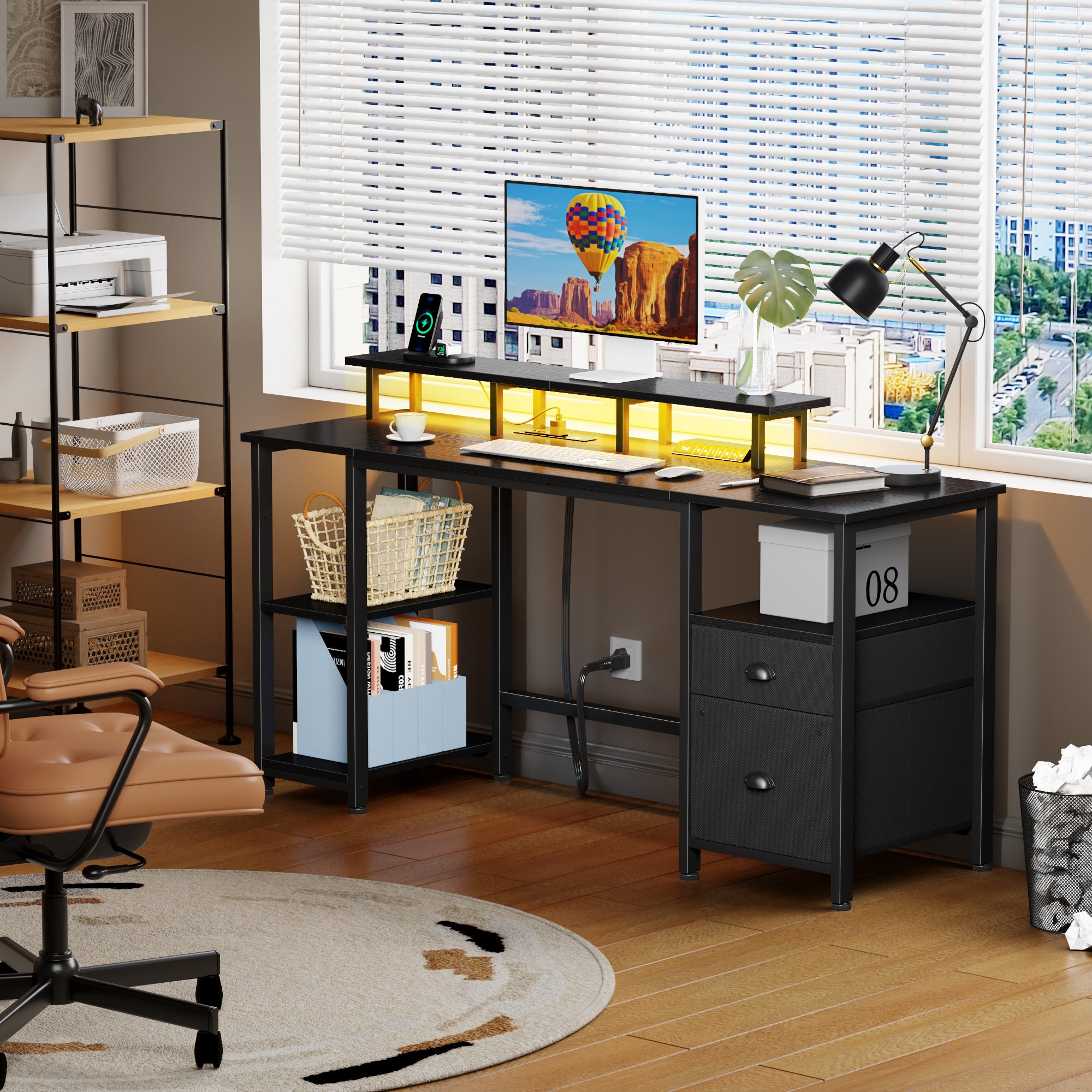 61 Inch Black Computer Desk with Charging Station Reversible Gaming Desk LED Lights File Cabinet Monitor Stand Storage Shelves Home Office