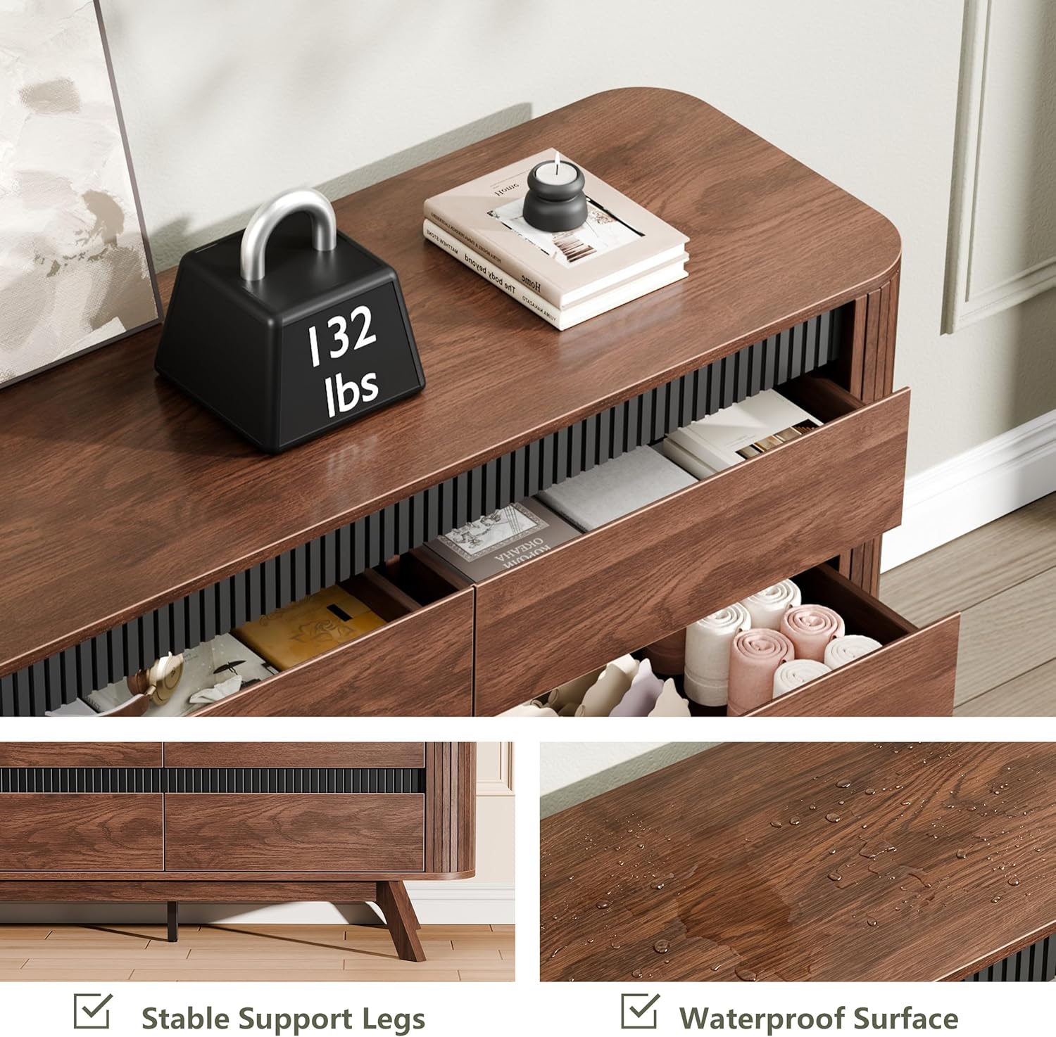 Qwatto 47.2" Mid Century 6 Drawer Dresser Walnut Fluted Chest of Drawers Modern Curved Profile Storage Organizer Bedroom Hallway Wide Clothes Dresser