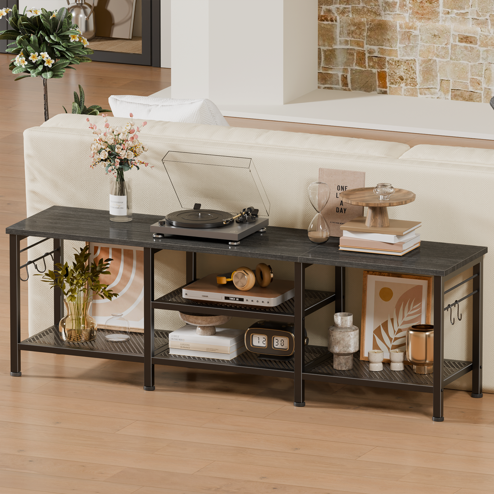 55 Inch Black Oak TV Stand for TVs up to 65 Inch Media Console Entertainment Center Open Storage Shelves Soundbar Shelf Modern Living Room Unit