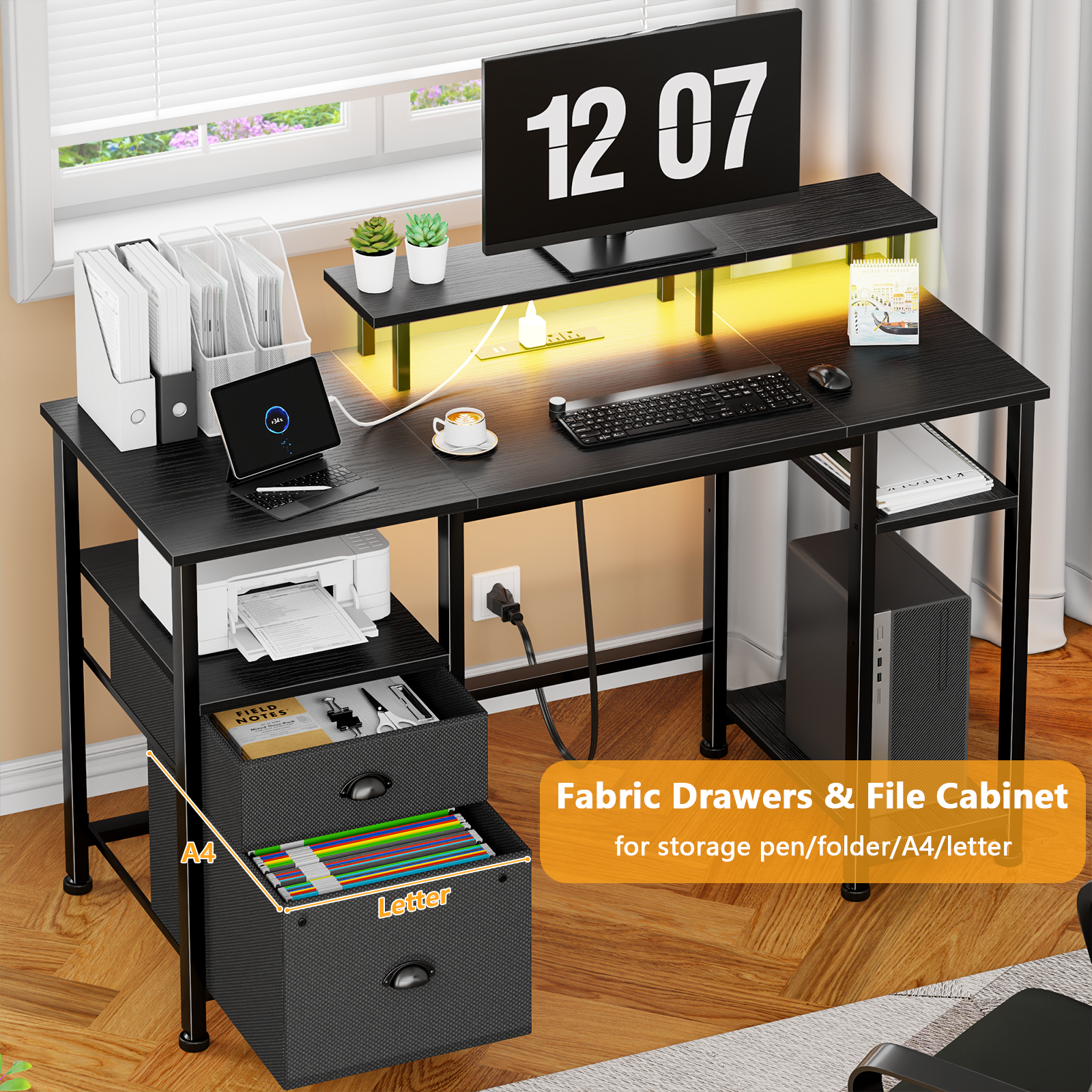 51 Inch Black Reversible Computer Gaming Desk with Monitor Stand File Cabinet Storage Shelves LED Power Outlets for Home Office PC Workstation Table