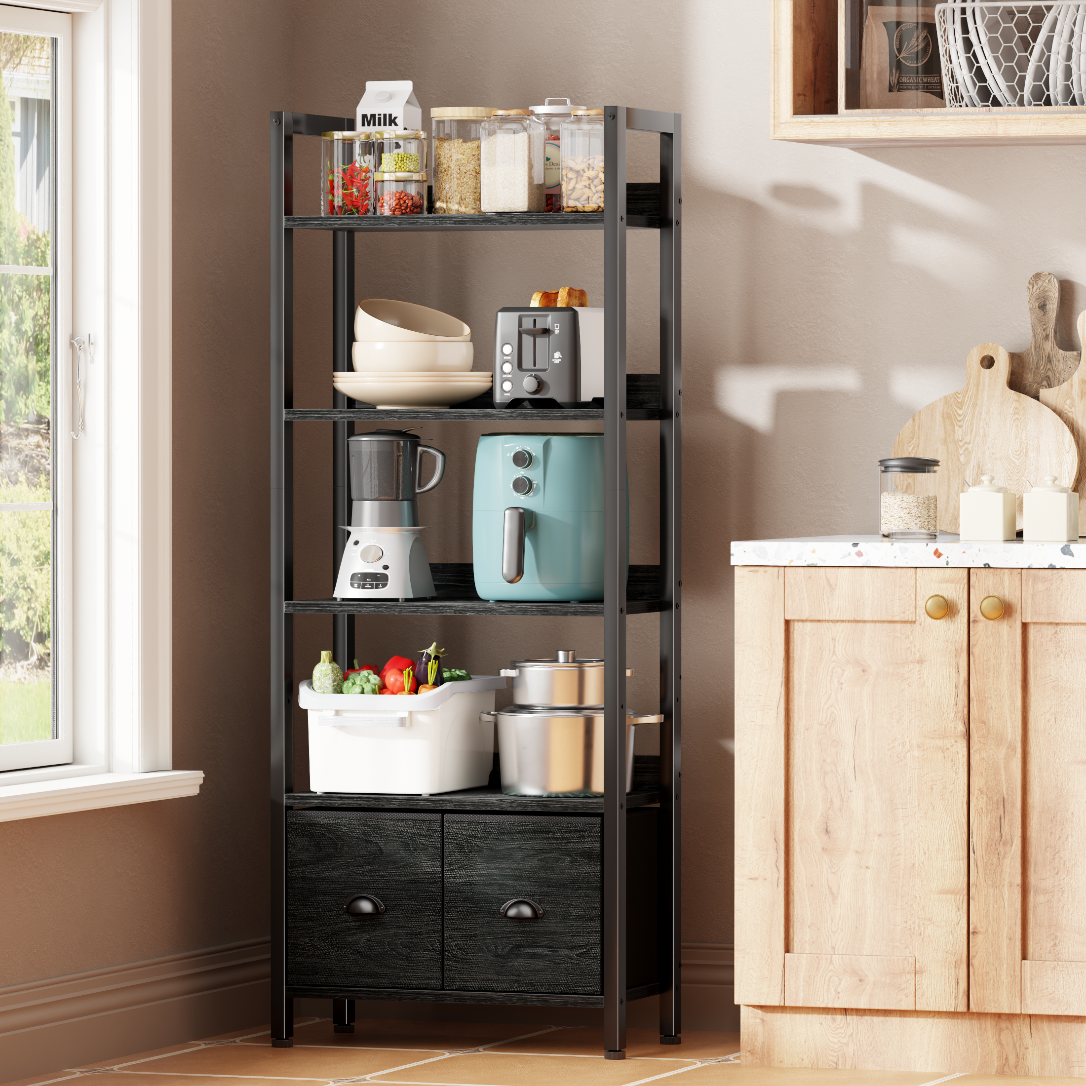 5 Tier Industrial Tall Bookcase with Two Storage Drawers Wood Metal Display Bookshelf Standing Organizer Shelf for Home Office Living Room Black Oak