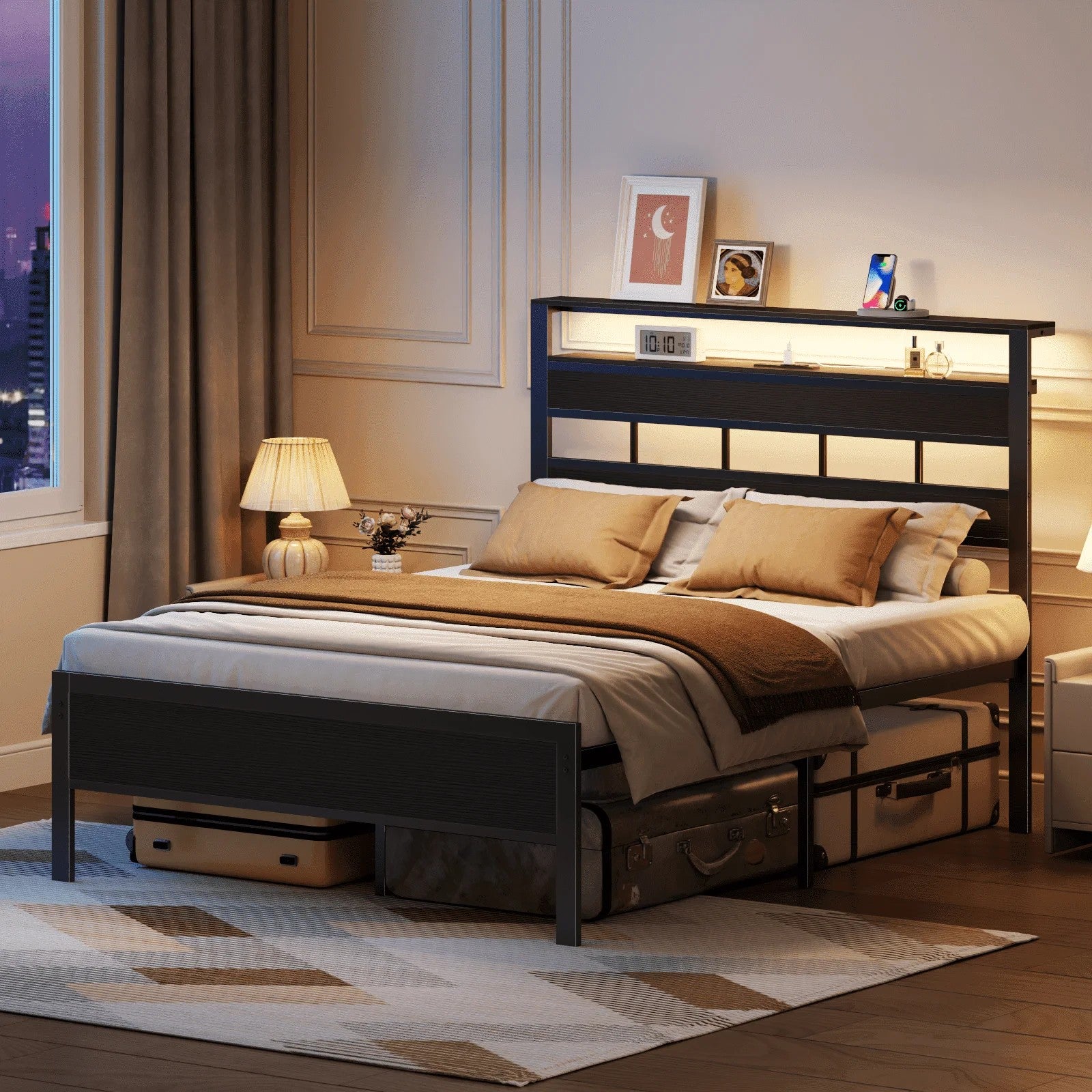 Bed Frames with Headboard & LED Lighted,Standard Storage Bed Platforrm with Storage Underbed, No Box Spring Needed