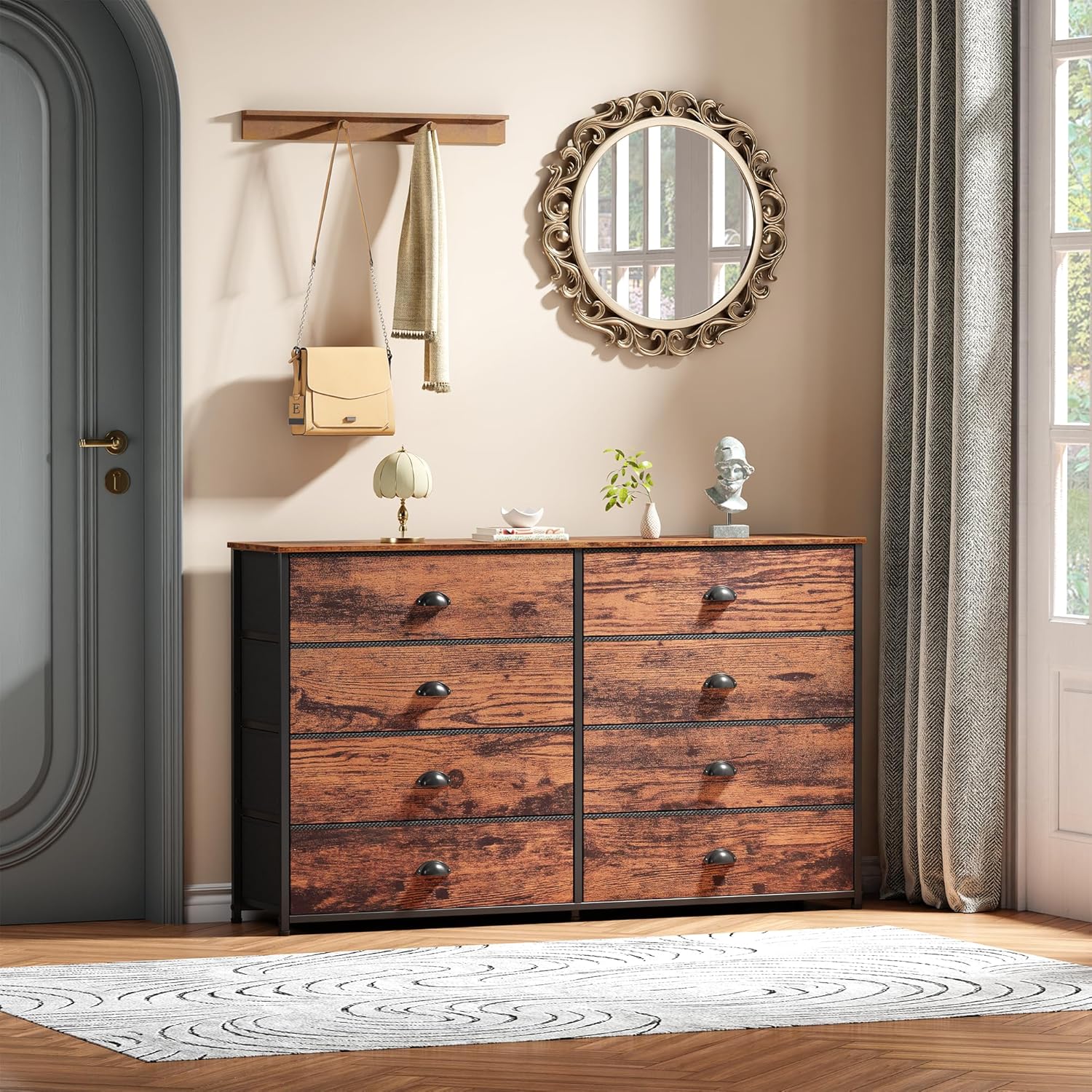 Furnulem Long Dresser for Bedroom TV Stand for 55'' TV Wide Storage Drawer Unit with 8 Fabric Bins Double Dresser for Bedroom Office  Closet Entryway