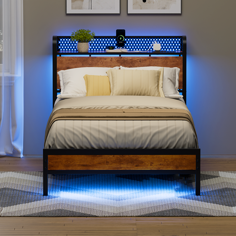 Twin Size Platform Bed Frame Storage Headboard LED Lights Charging Station Industrial Metal Wood Heavy Duty No Box Spring Needed Kids Dorm USB