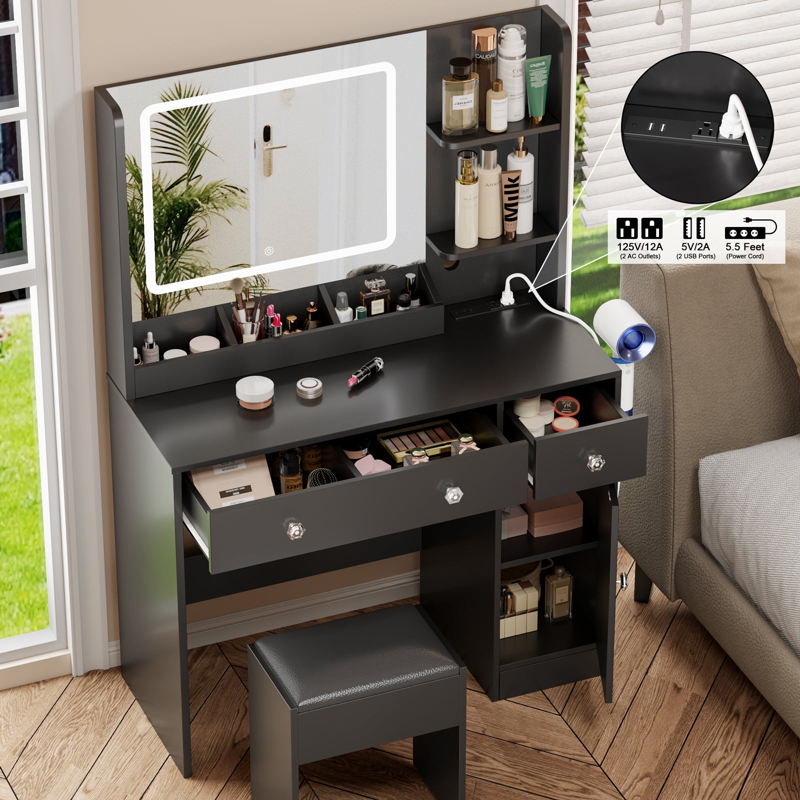 Makeup Vanity Desk with Mirror and Lights Set Black Dressing Table with Power Outlet Charging Station 3 Color Lighted Mirror Drawers Storage Cabinet