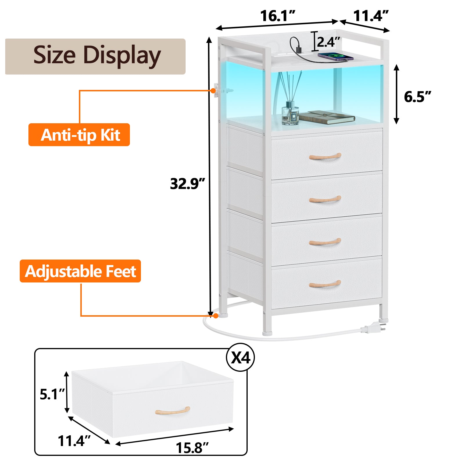 Furnulem 4 Drawer Nightstand with Charging Station