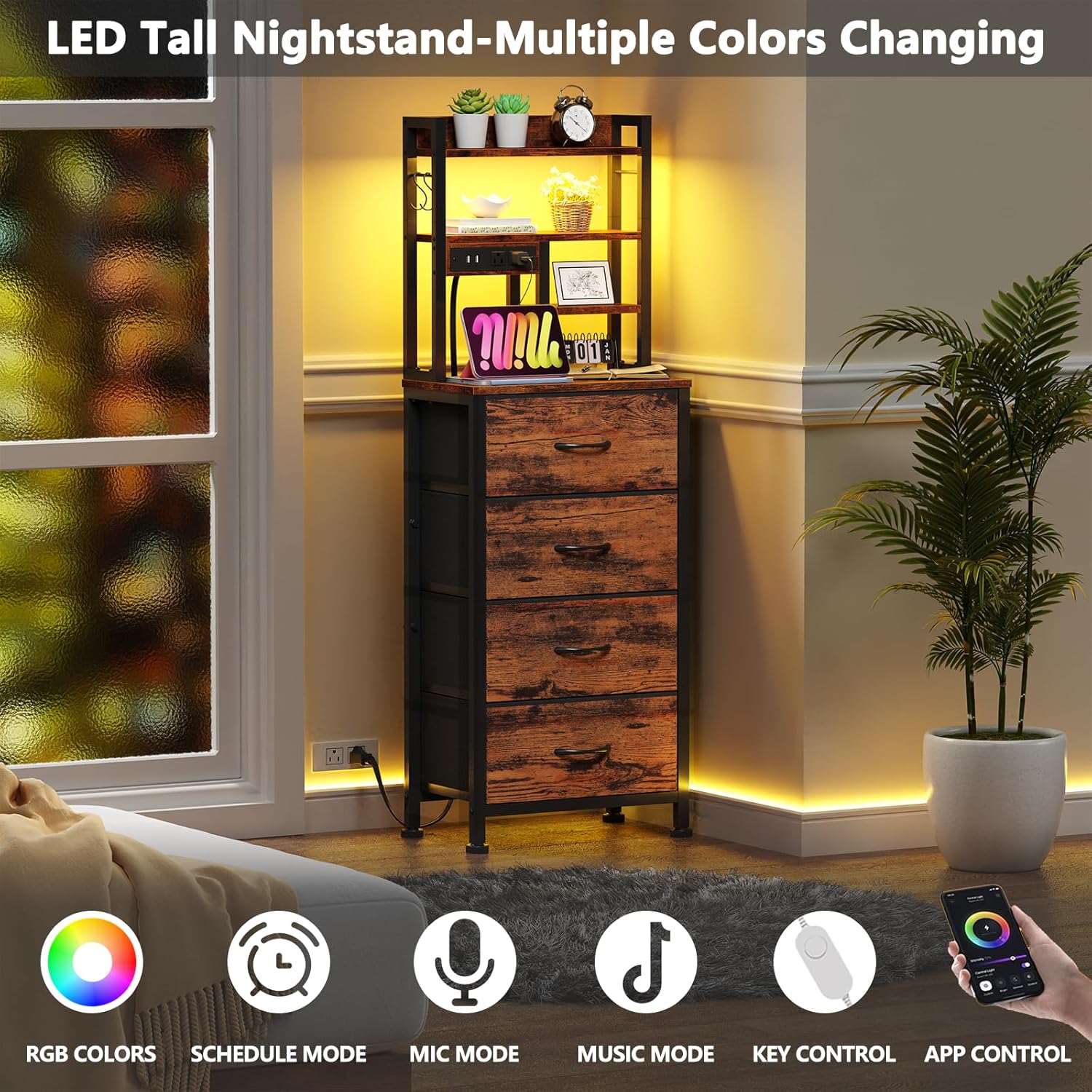 Qwatto Bedside Table with Charging Station and USB Port 4 Drawer Tall Nightstand with Shelves for Bedroom Dorm Wood Metal End Table Brown Finish