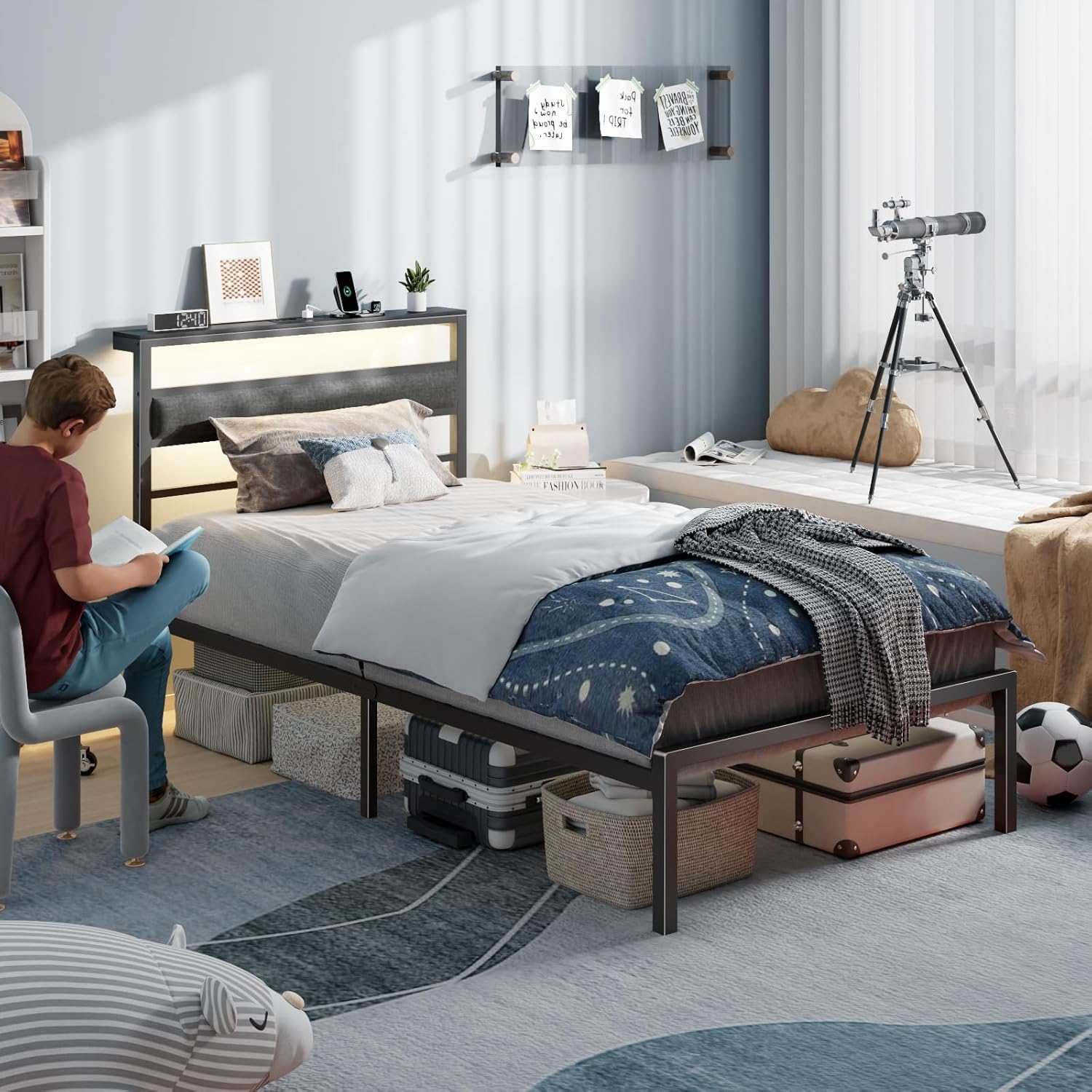 Twin Bed Frames for Kids Metal Platform Bed Frame  with Upholstered Headboard Wood Storage Shelf Charging Station and LED Lights No Box Spring Needed