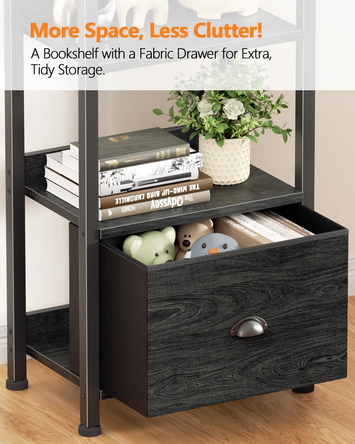 Qwatto Black 6 Tier Bookshelf with Drawer Tall Industrial Wood Metal Freestanding Storage Display Shelves Etagere Bookcase Organizer for Home Office