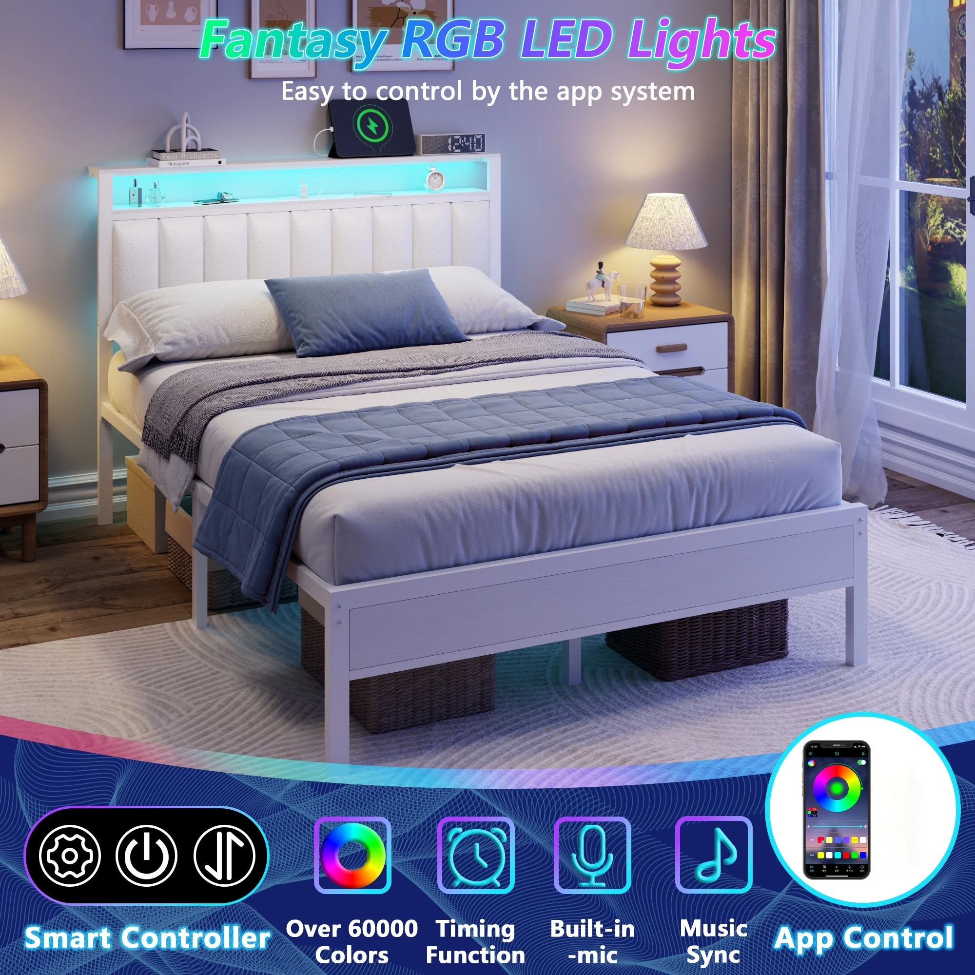 Full Size Bed Frames with LED Lights Charging Station Platform Bed with Metal Slats Headboard with 2-Tier Storage Shelves No Box Spring Needed White