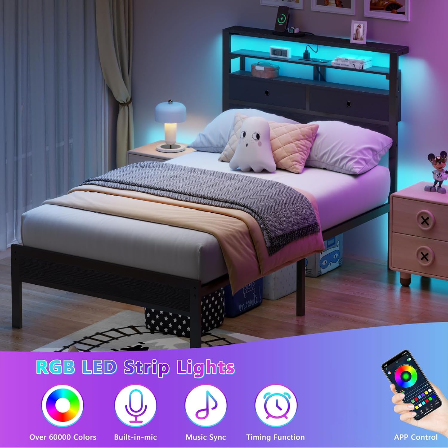 Furnulem Twin Bed Frames with Charging Station and LED Lights Wood Headboard with 2 Fabric Drawers and Storage Shelves Platform Bed with Metal Slats