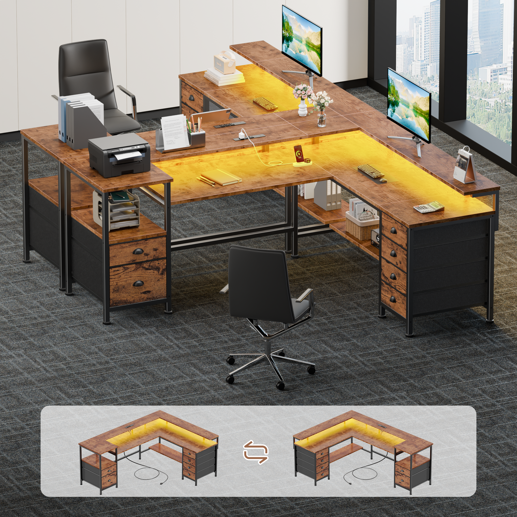 66 Inch Brown L Shaped Gaming Desk with Charging Station Reversible Corner Computer Desk LED Lights 6 Drawers Monitor Stand Printer Shelf Storage