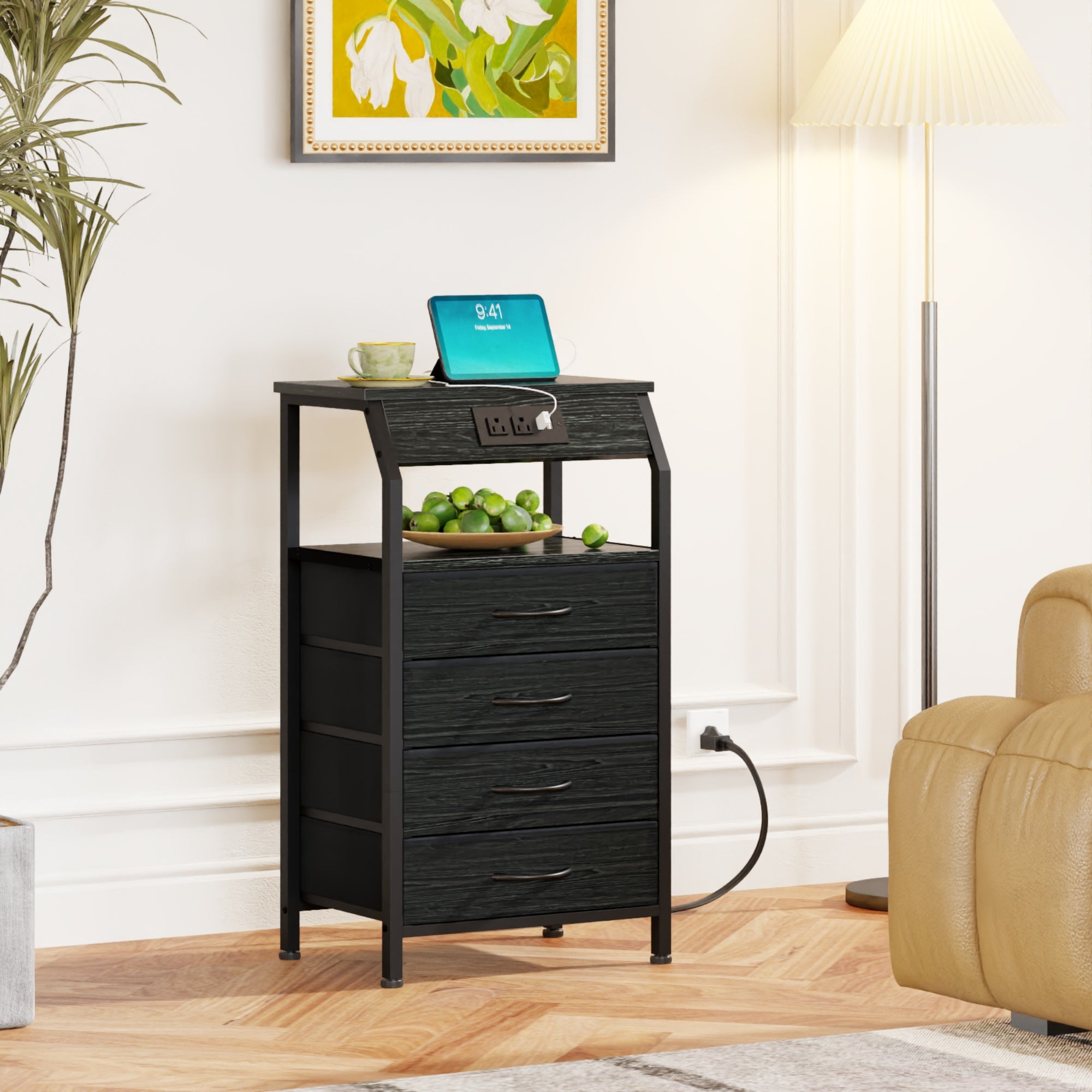 Furnulem Nightstands with 3/4/5 Drawers & Outlets, Bedside Tables with 2 USB Ports & 2-Tier Open Shelf