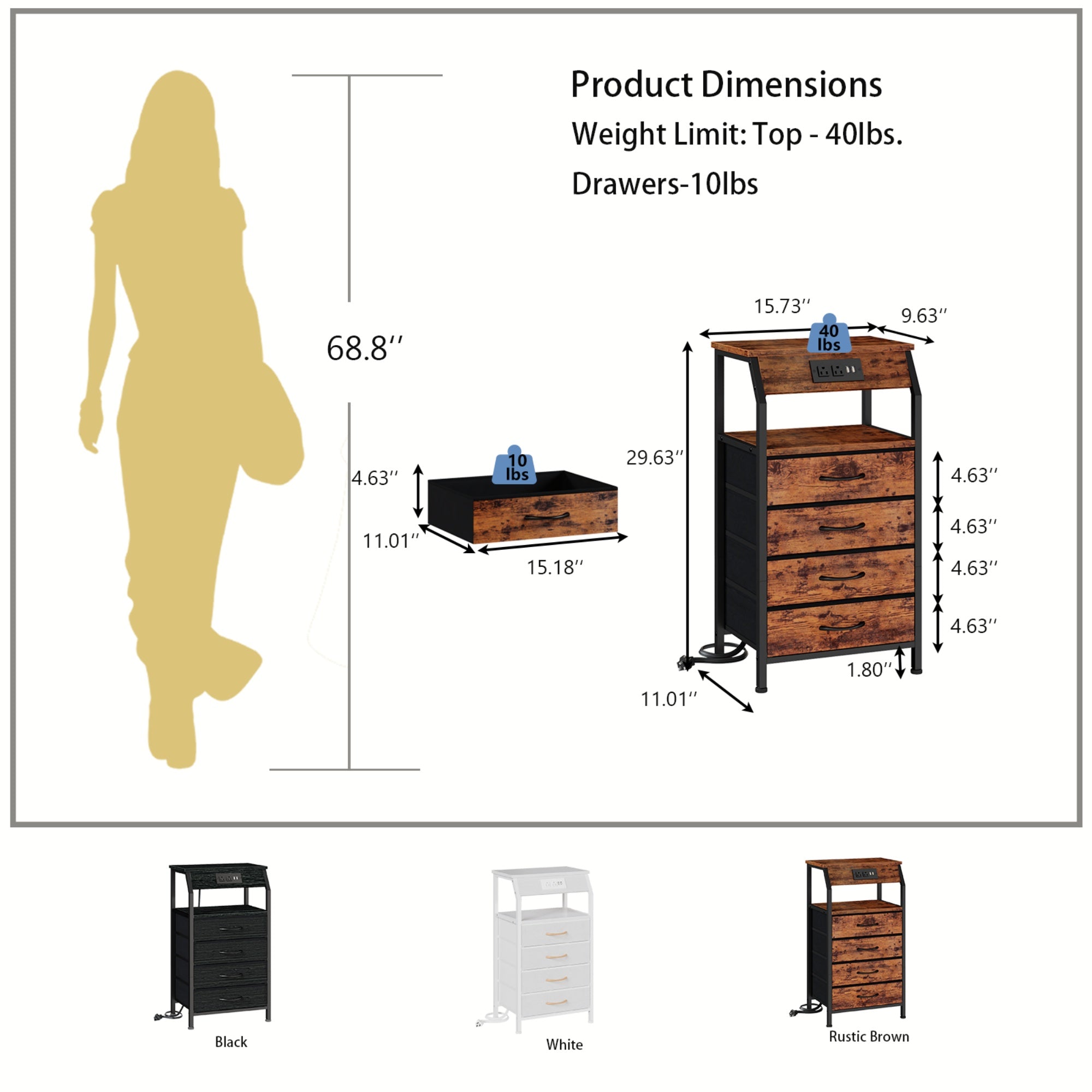 Furnulem Nightstands with 3/4/5 Drawers & Outlets, Bedside Tables with 2 USB Ports & 2-Tier Open Shelf