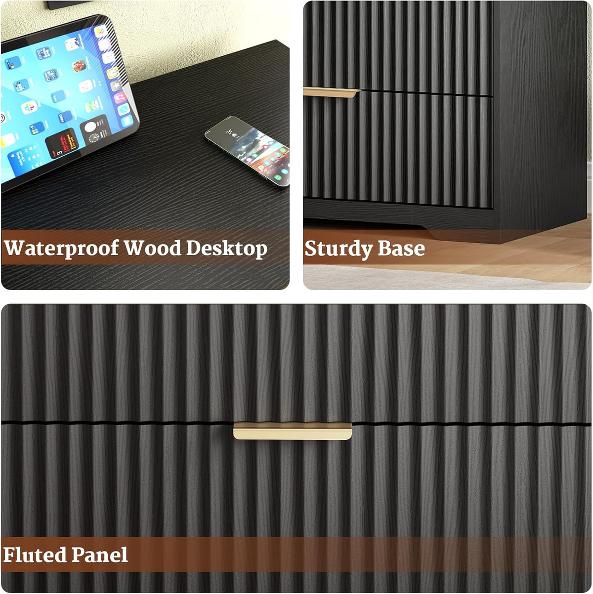 Black 3 Drawer Nightstand Fluted Wood Bedside Table Modern Storage Cabinet Wide Bedroom Dresser Accent Furniture Large 27 Inch Chest Organizer